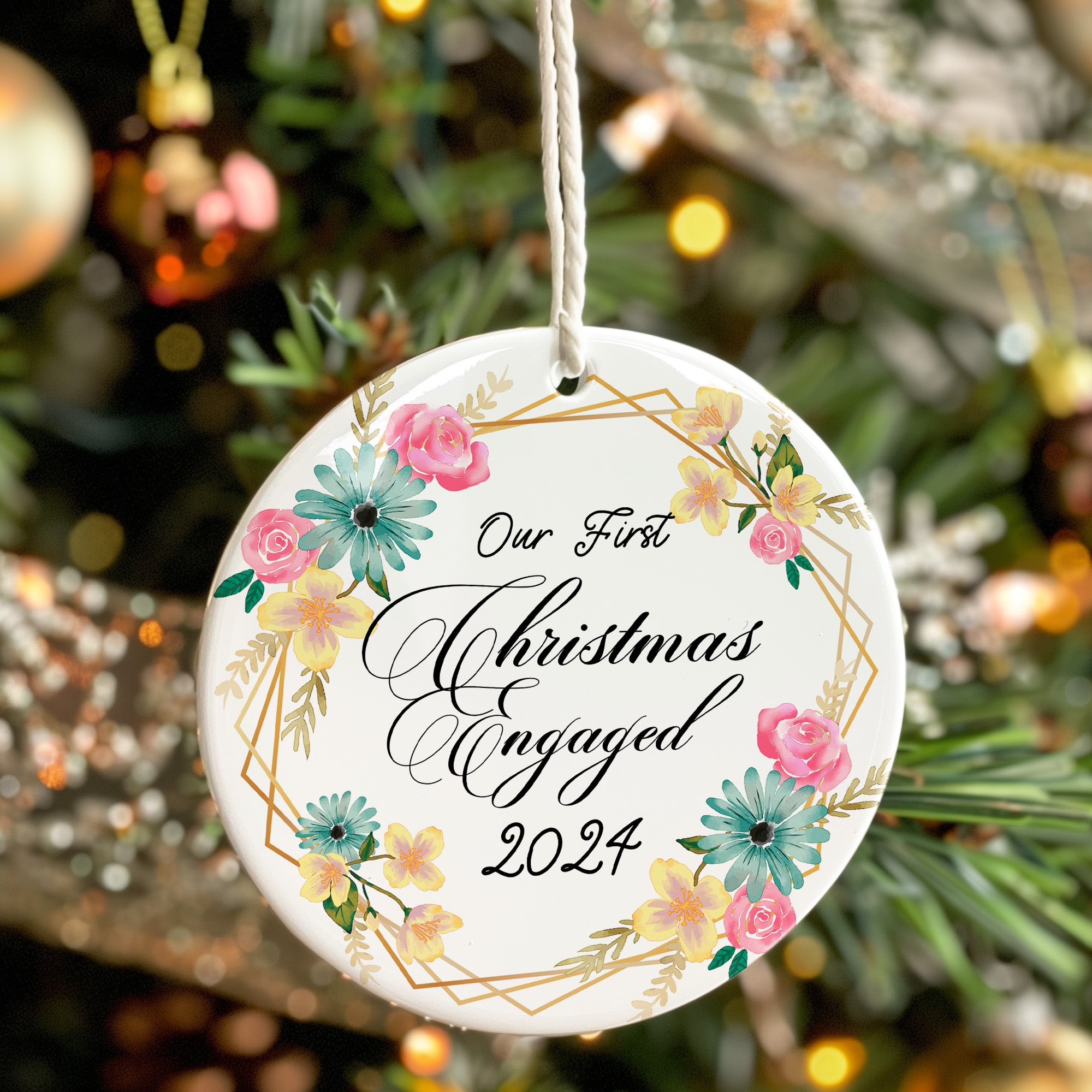 Personalized "Our First Christmas Engaged 2024" Ceramic Ornament - Handmade Floral Decor Keepsake - Image 7