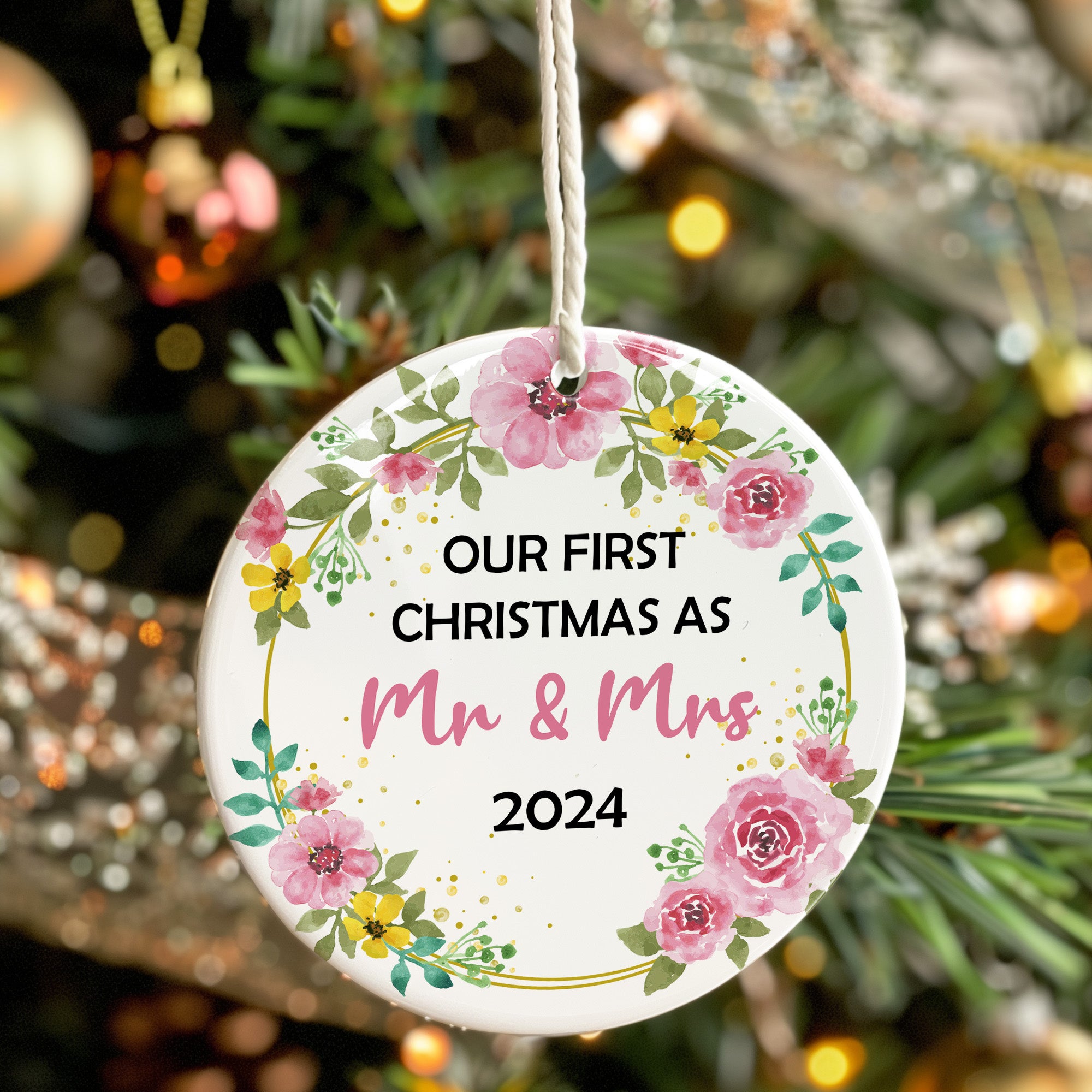 Personalized "Our First Christmas as Mr & Mrs" 2024 Ceramic Ornament - Handcrafted Floral Keepsake - Image 7