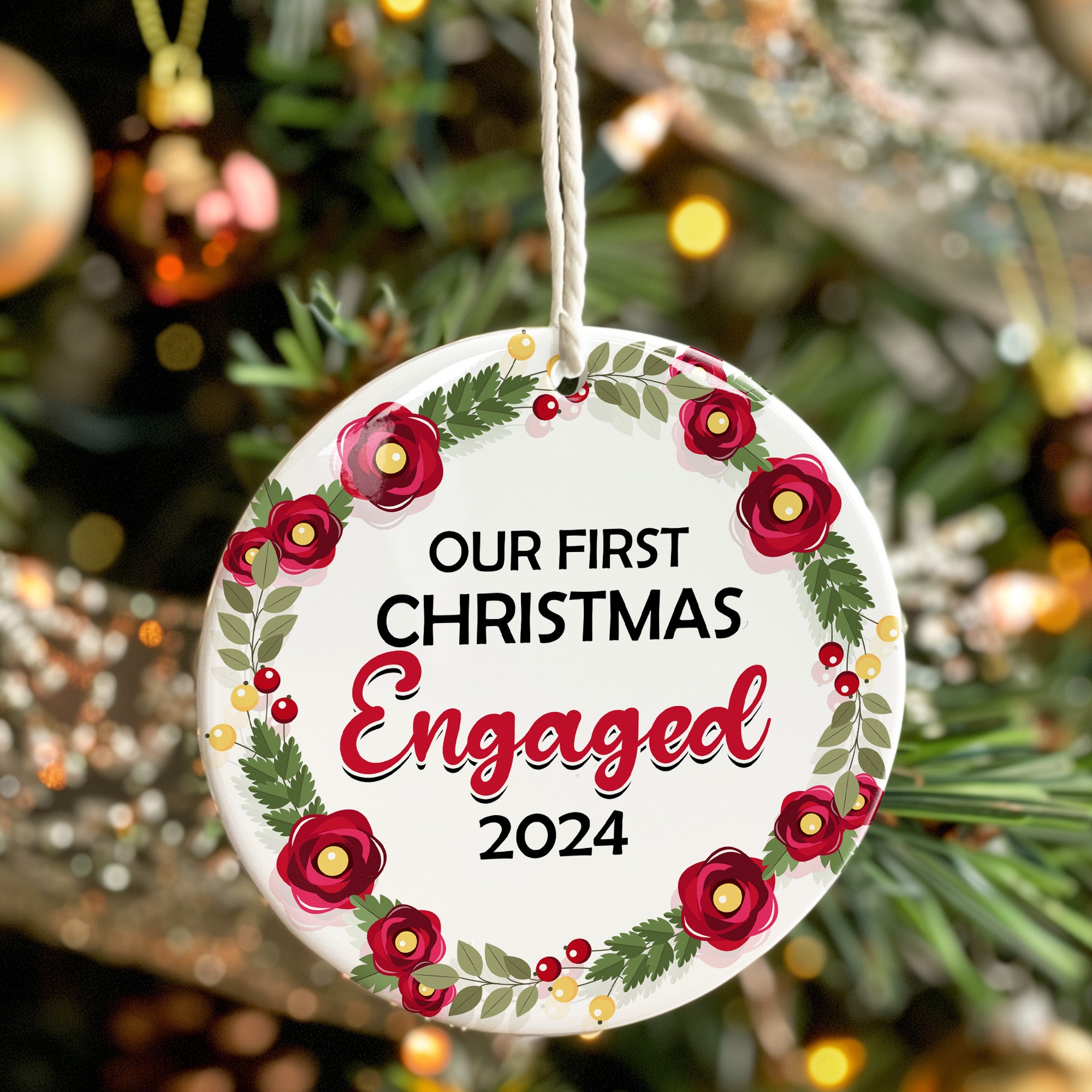 Personalized "Our First Christmas Engaged" Floral Ornament 2024 - Handcrafted Ceramic Keepsake for Couples - Image 7