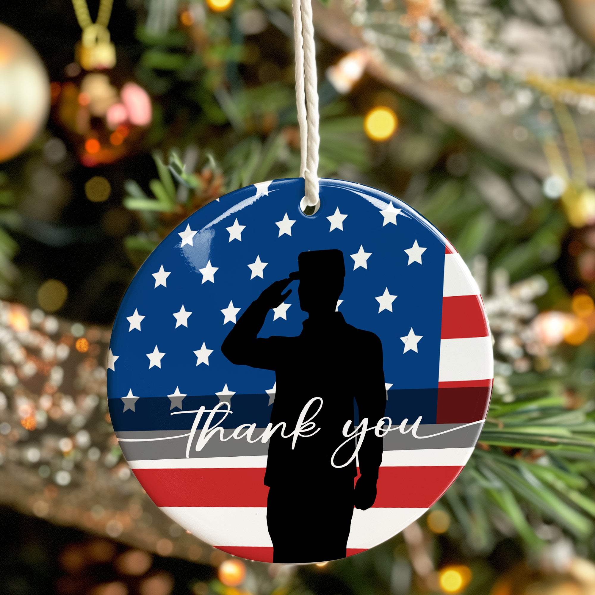 Personalized Patriotic Ceramic Ornament - Handmade USA Flag Design with Soldier Silhouette and Thank You Message - Perfect Veterans Day Gift - Image 7