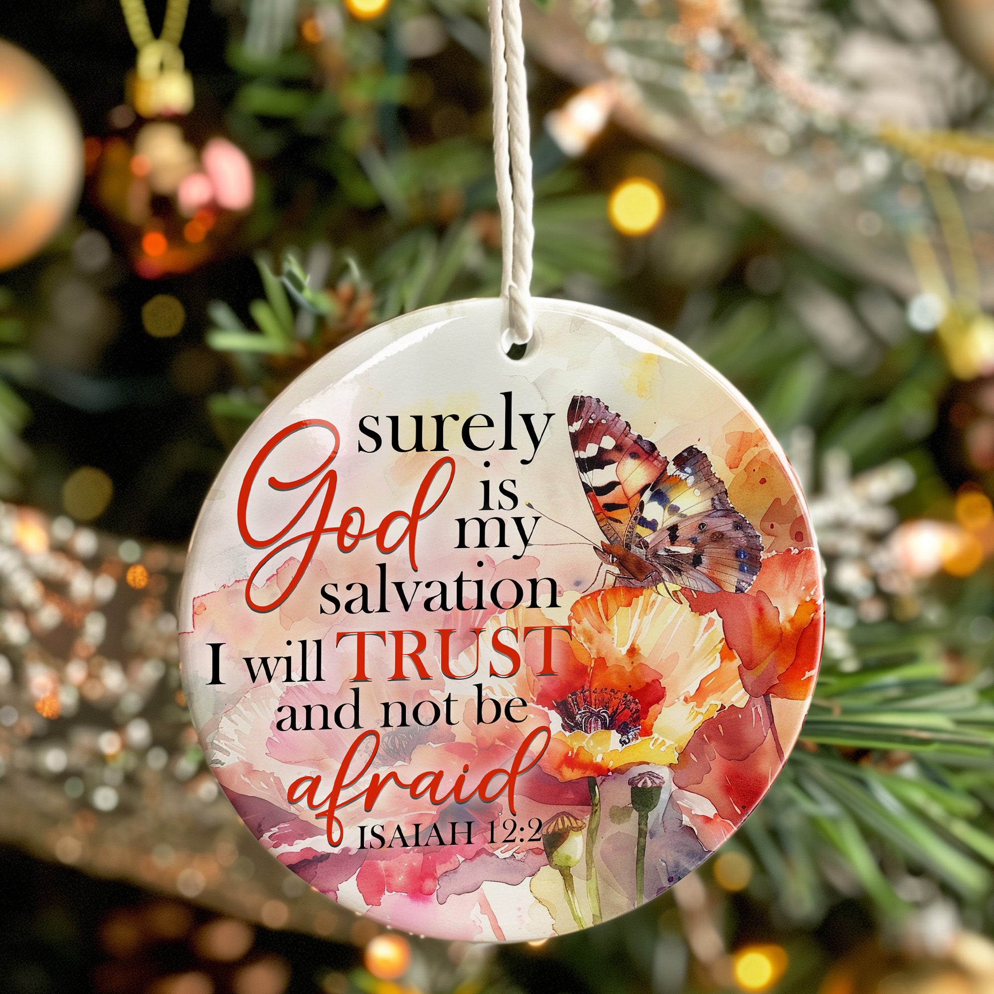 Personalized Inspirational Watercolor Ceramic Ornament – Isaiah 12:2 Butterfly & Floral Design for Spiritual Gift-Giving - Image 7