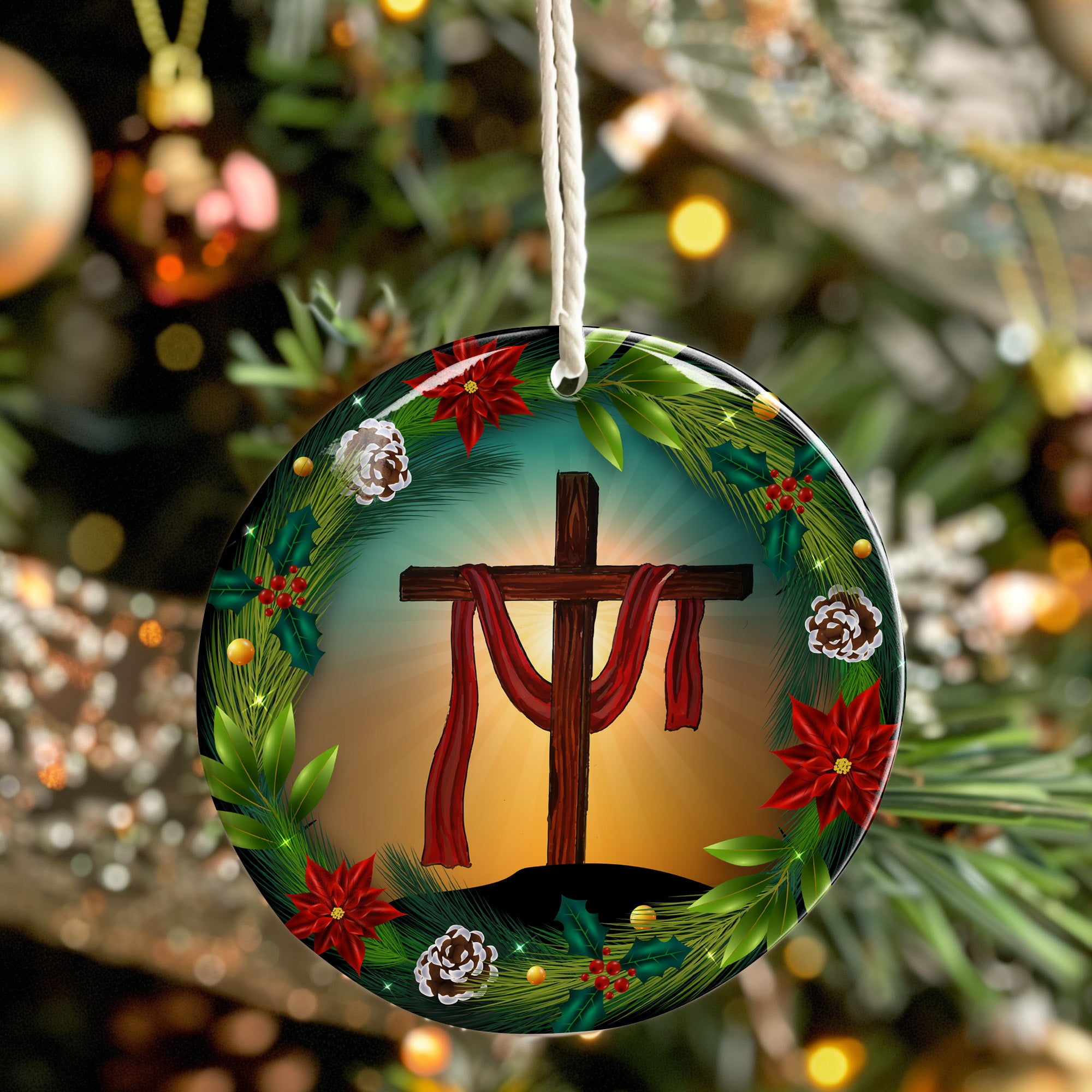 Personalized Radiant Cross Ceramic Ornament with Seasonal Wreath Design – Perfect Custom Gift for Faithful Celebrations - Image 7