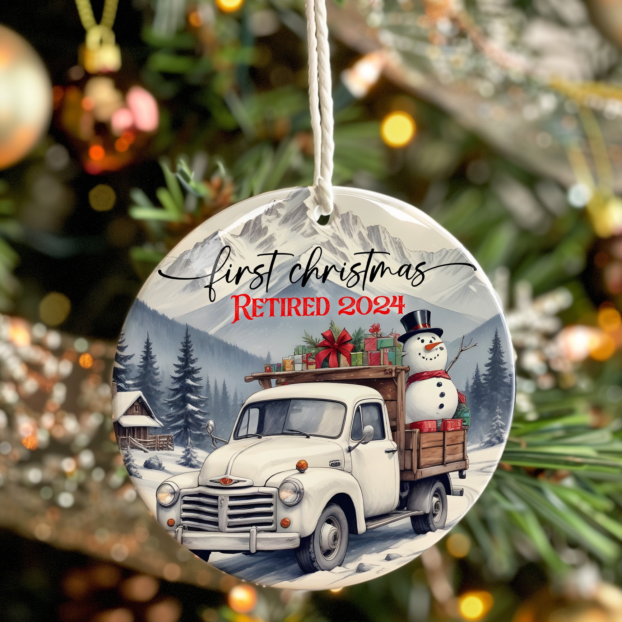 Personalized First Christmas 2024 Retirement Ceramic Ornament – Handcrafted Keepsake with Vintage Truck and Snowman Design - Image 7