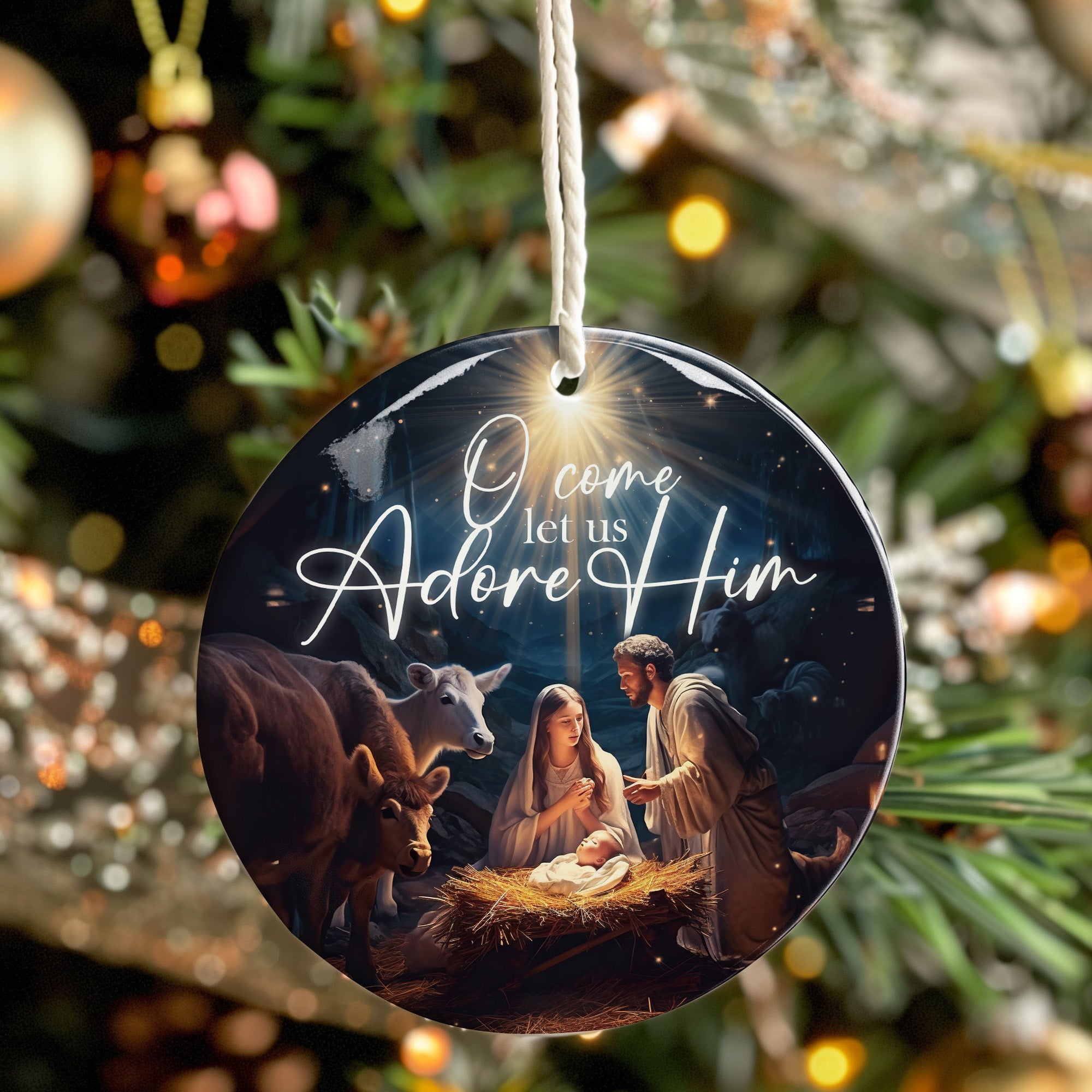 Personalized Nativity Scene Ceramic Ornament – Handmade Keepsake with Inspirational "O Come Let Us Adore Him" Design - Image 7
