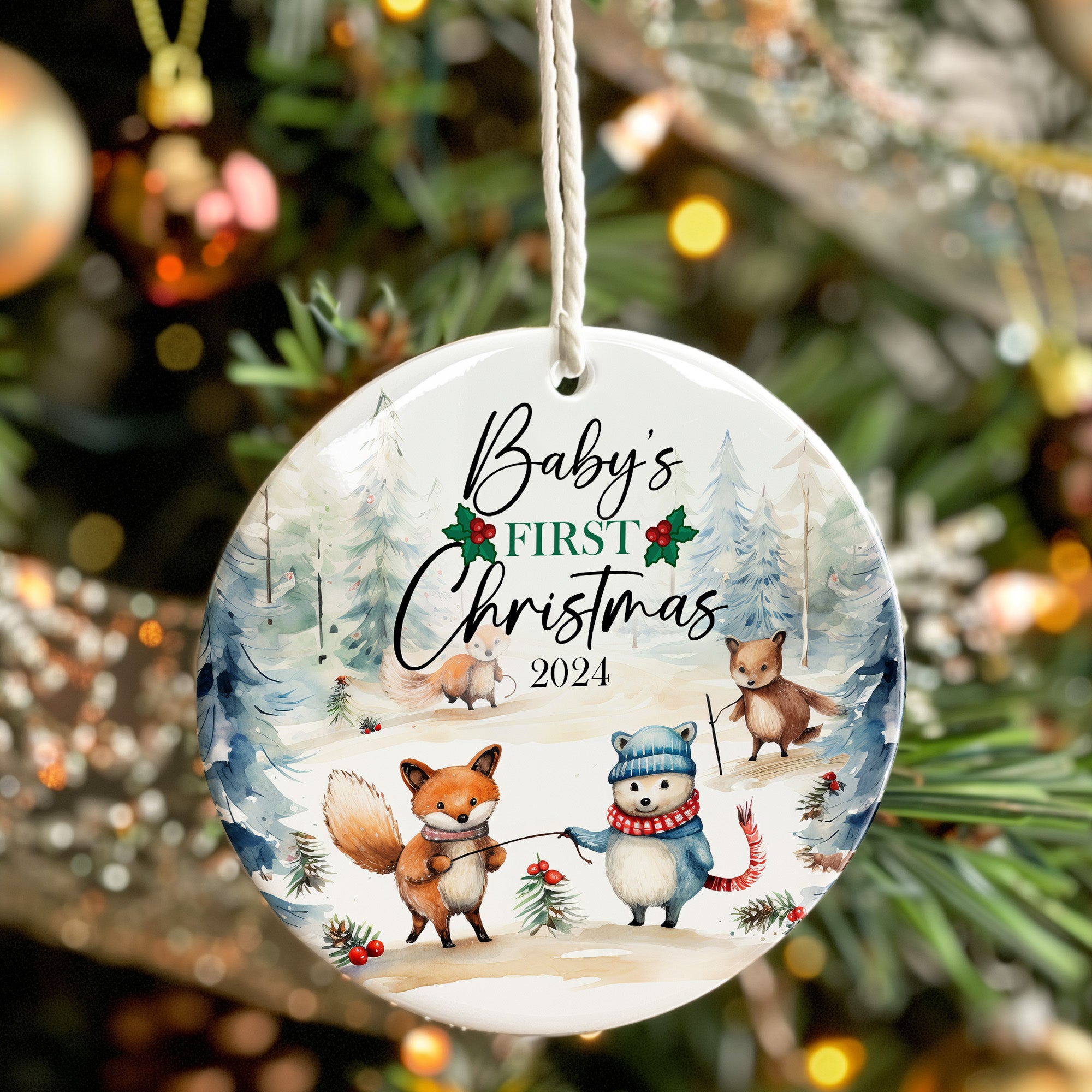 Personalized Baby's First Christmas 2024 Ceramic Ornament - Handcrafted with Woodland Animal Design, Perfect for New Parents and Holiday Keepsakes - Image 7