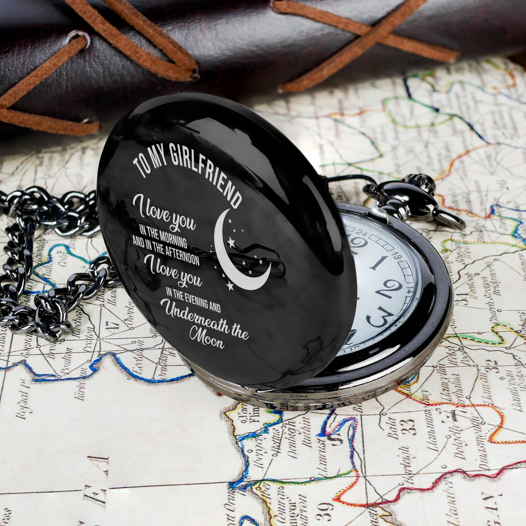 Personalized Engraved Pocket Watch for Girlfriend with Romantic Moon & Stars Design - Image 7