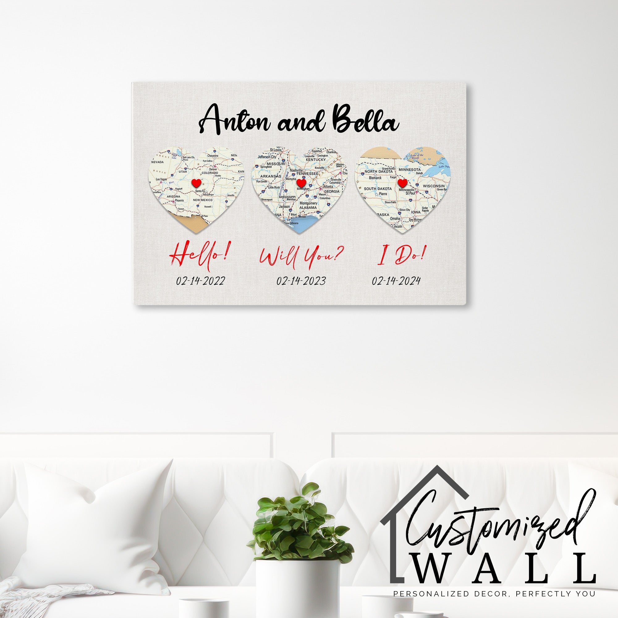 Personalized Milestone Heart Map Wedding Canvas - Custom Dates & Locations for Couples - Image 7