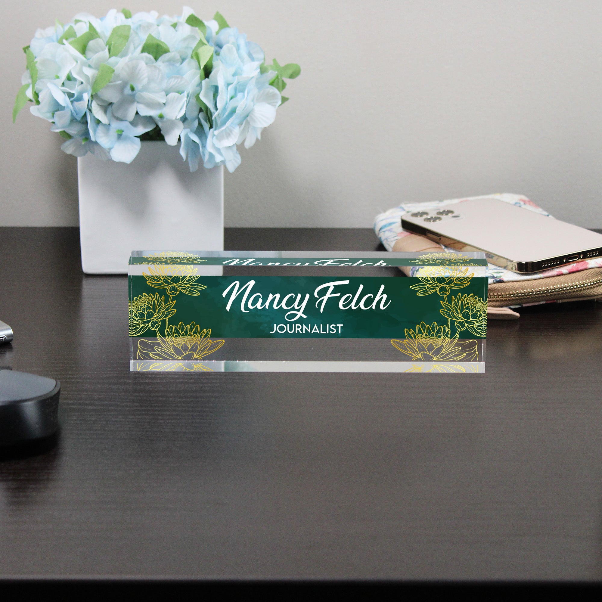 Personalized Acrylic Desk Name Block - Elegant Green Floral Design for Journalists, Writers, and Professionals - Image 8