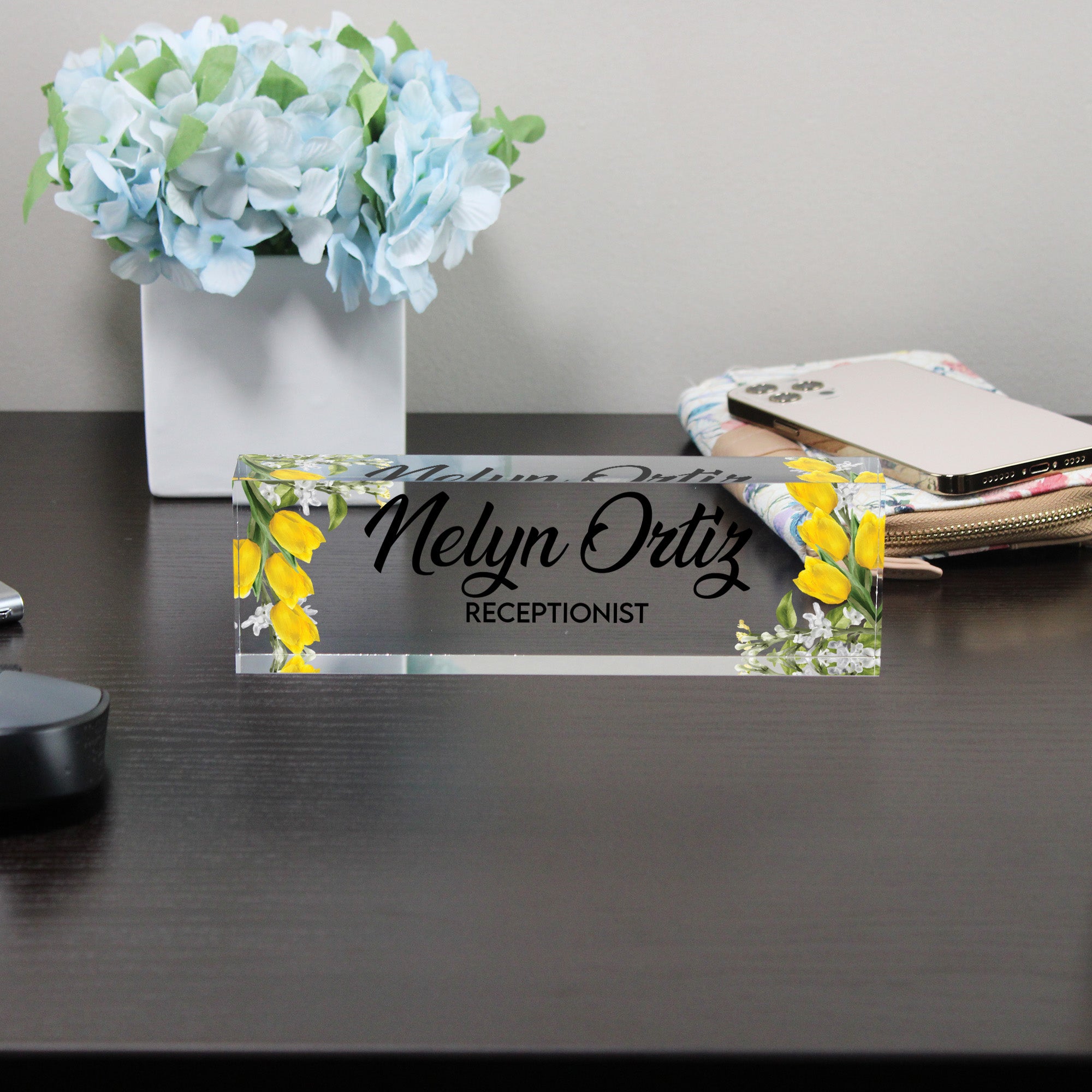 Personalized Acrylic Desk Name Plate with Yellow Floral Design – Custom Office Decor for Receptionists and Gift Giving - Image 8