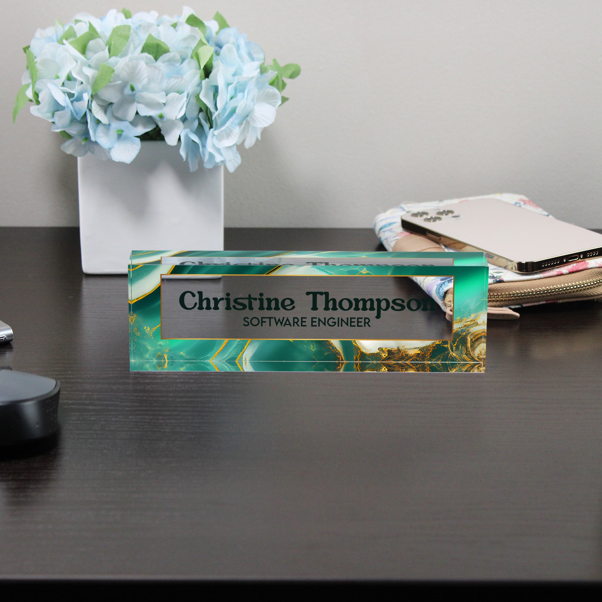 Personalized Acrylic Desk Block with Elegant Teal and Gold Marble Design – Custom Nameplate for Professionals & Gift Occasions - Image 8