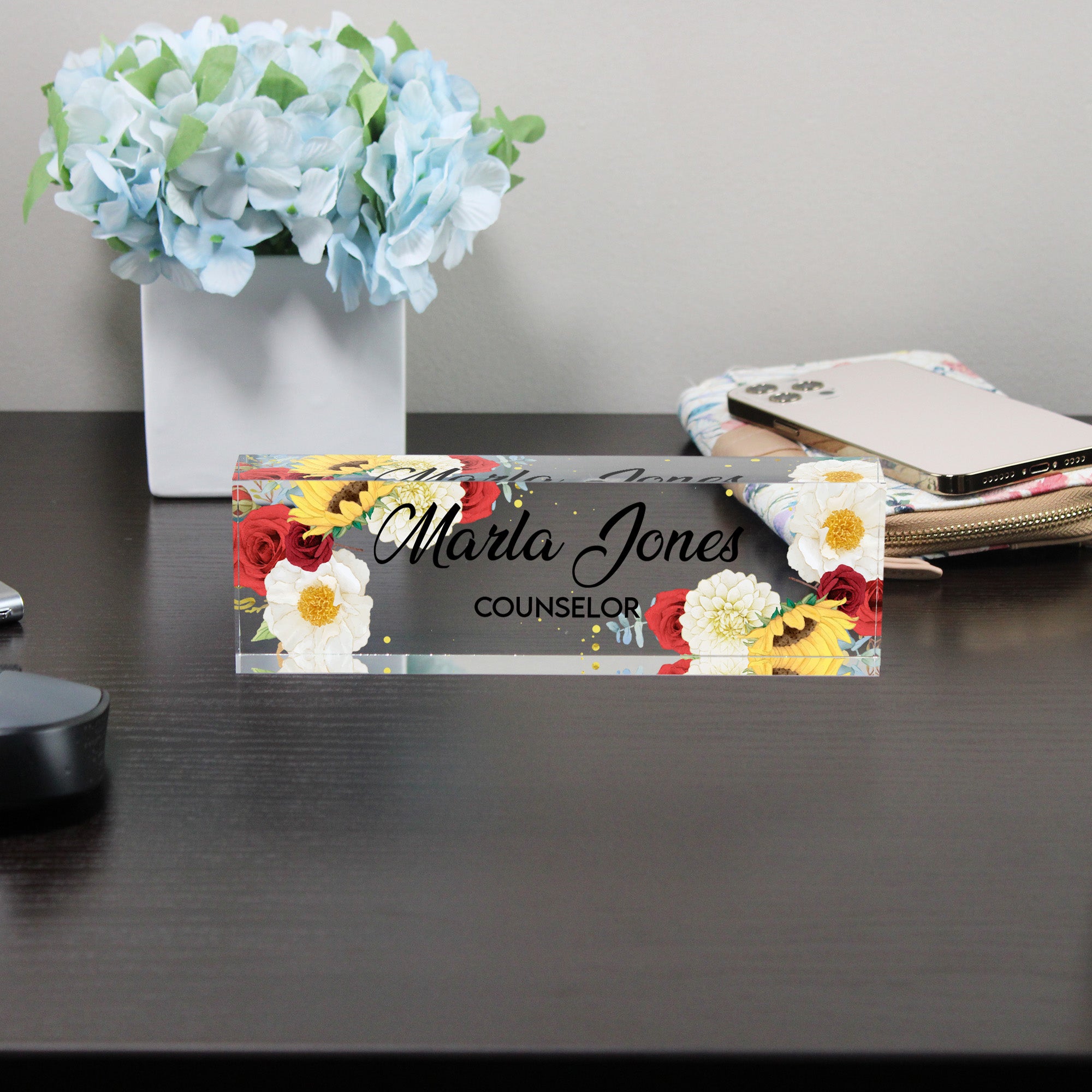 Personalized Floral Acrylic Desk Block Name Plate for Counselors – Elegant Office Decor and Thoughtful Gift Idea - Image 8
