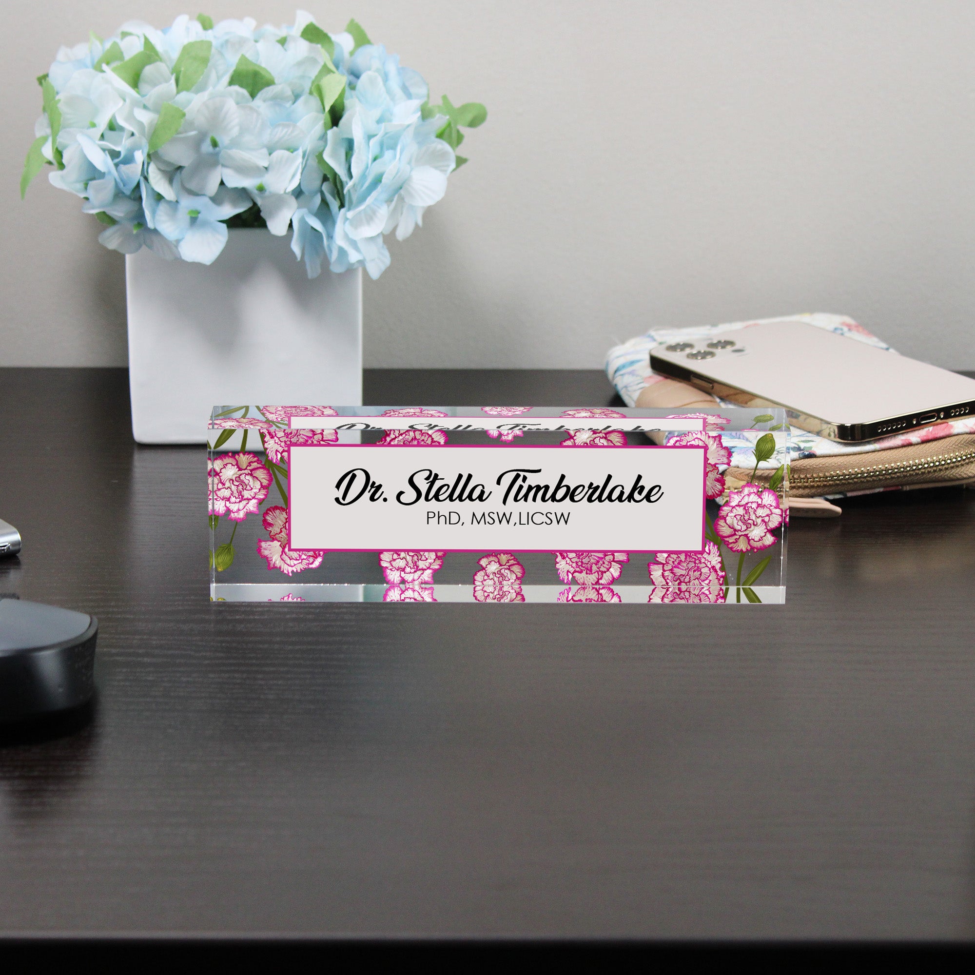 Personalized Floral Acrylic Desk Block – Custom Name Plate with Pink Carnation Design for Office Professionals - Image 8