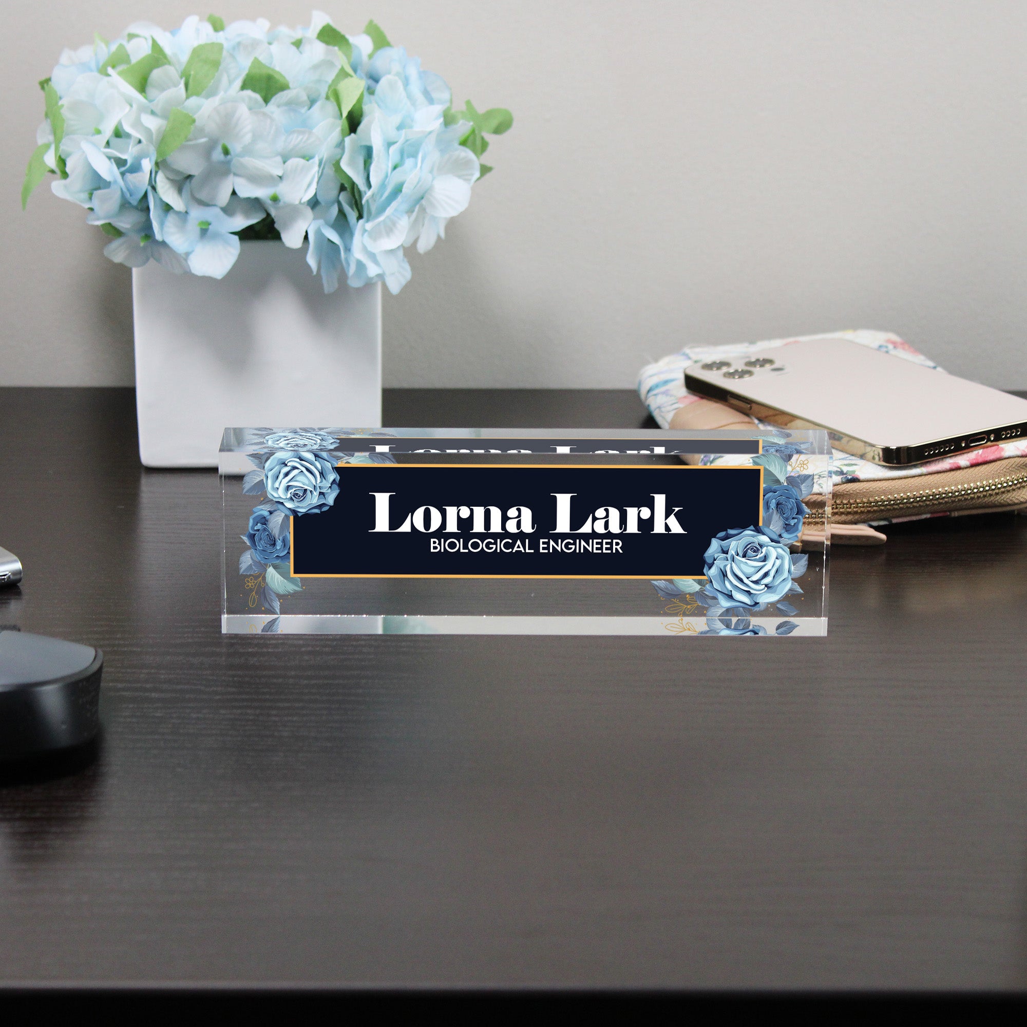 Personalized Acrylic Desk Block with Elegant Blue Rose Design - Custom Nameplate for Professionals and Gift Occasions - Image 8
