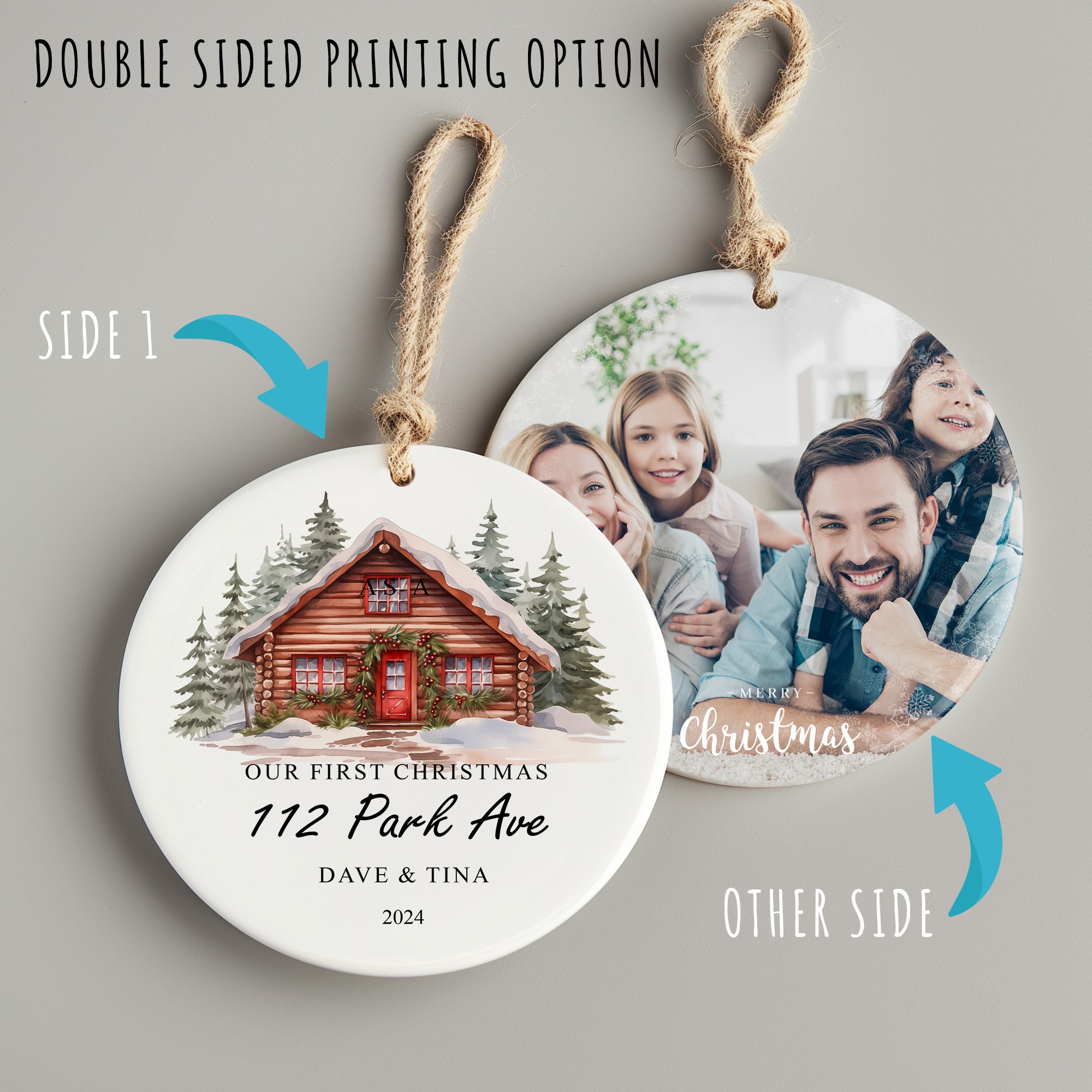 Personalized Handmade First Christmas Ornament - Custom Engraved Ceramic Cabin Design with Names & Address - Perfect Gift for Couples - Image 8