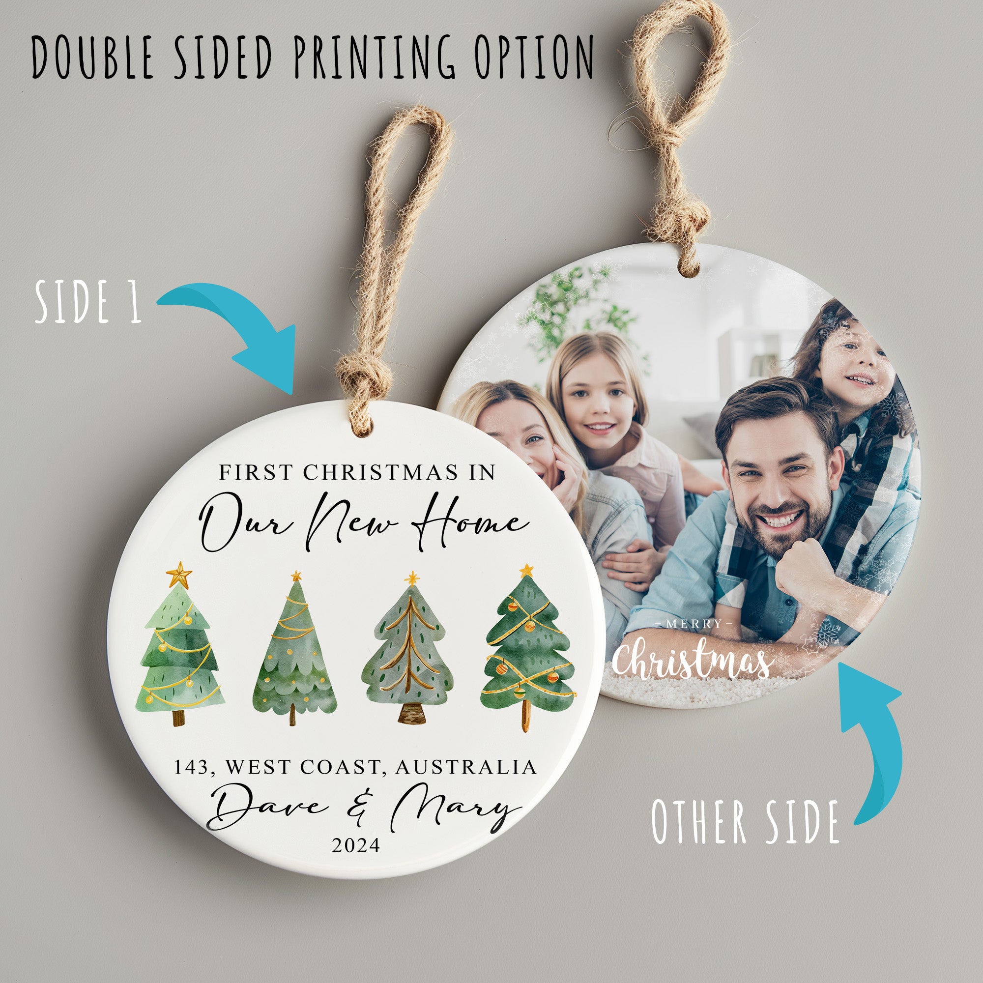 Personalized First Christmas in New Home Ceramic Ornament – Artistic Watercolor Design, Unique Gift, 2024 Edition - Image 8