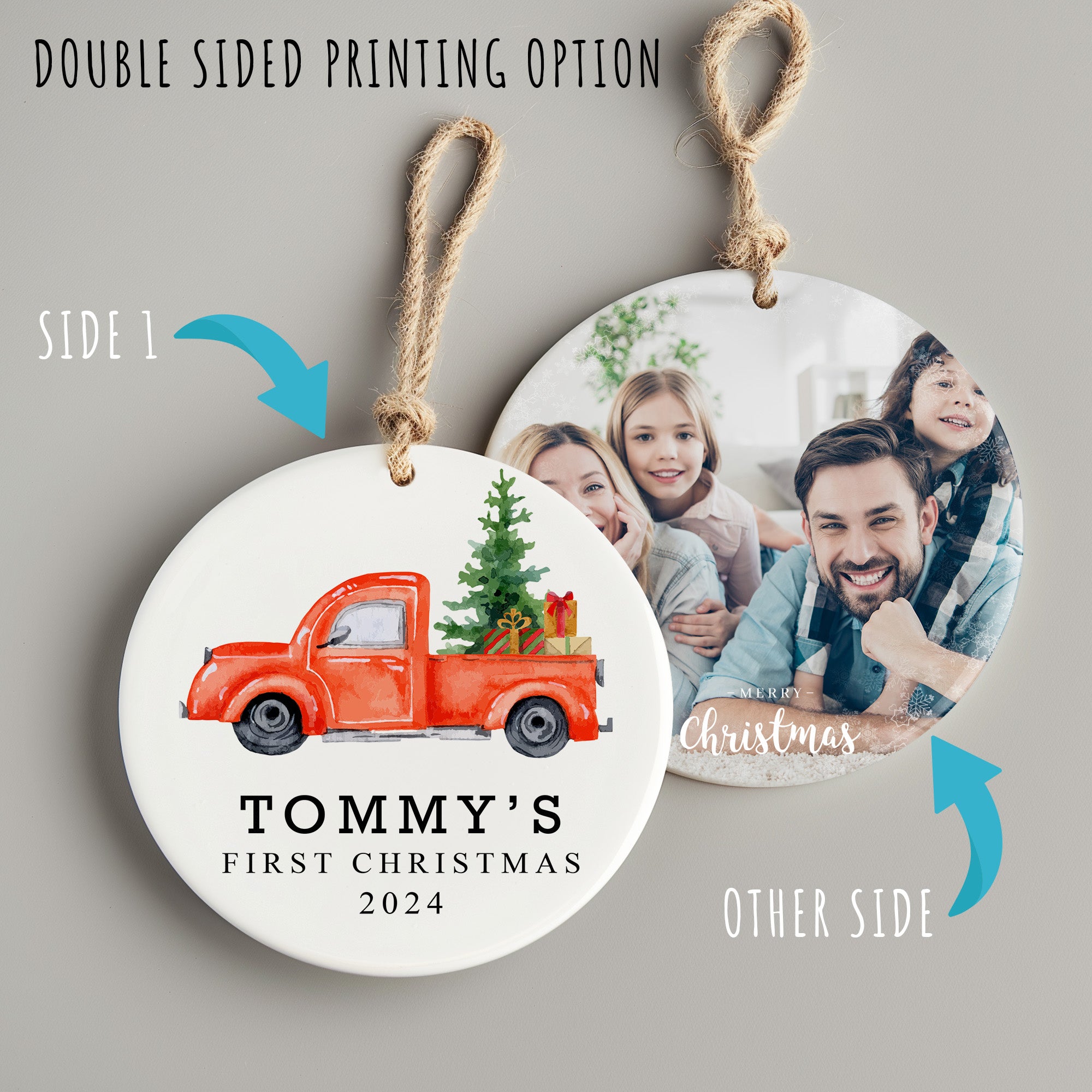 Personalized Baby's First Christmas 2024 Ceramic Ornament with Vintage Red Truck Design - Image 8