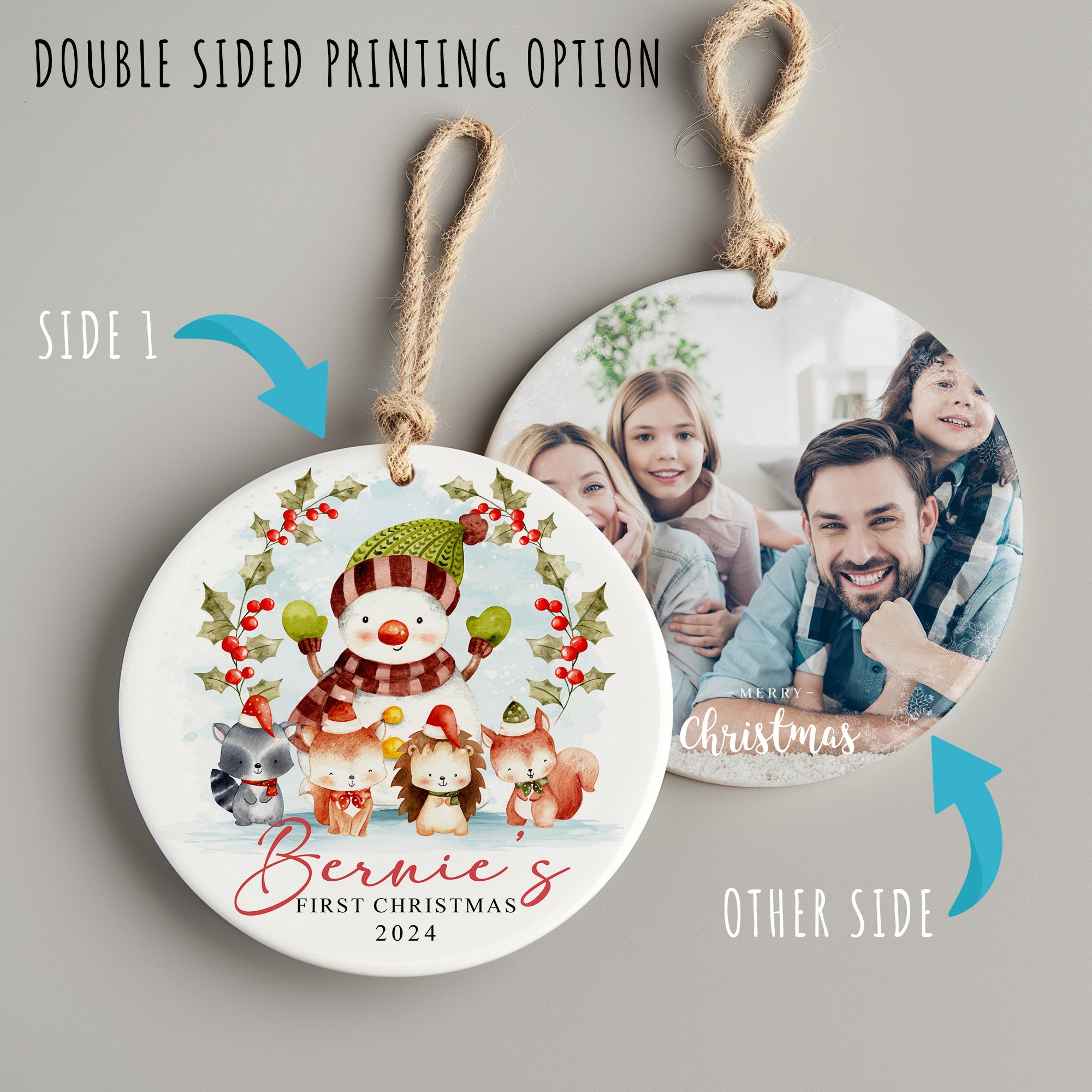 Personalized 2024 Ceramic Ornament - "Bernie's First Christmas" with Cute Woodland Animals and Snowman Design - Image 8