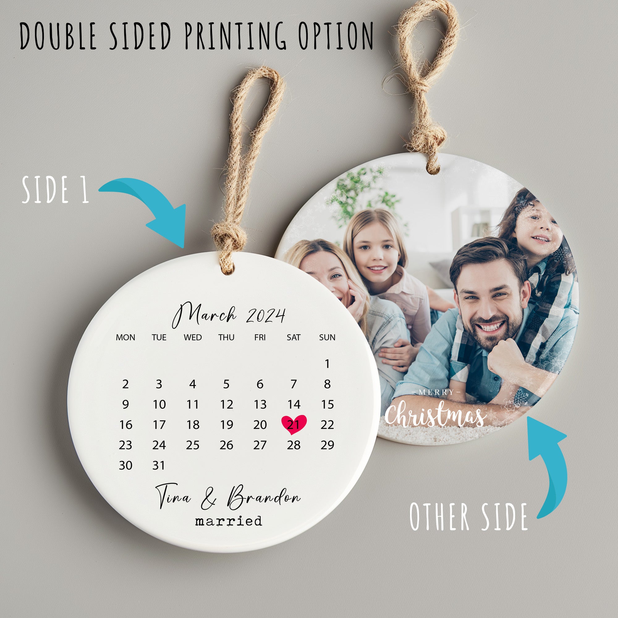 Personalized Ceramic Wedding Date Ornament - Custom Calendar Design with Gold Hanging Cord – Perfect Marriage Keepsake Gift - Image 8