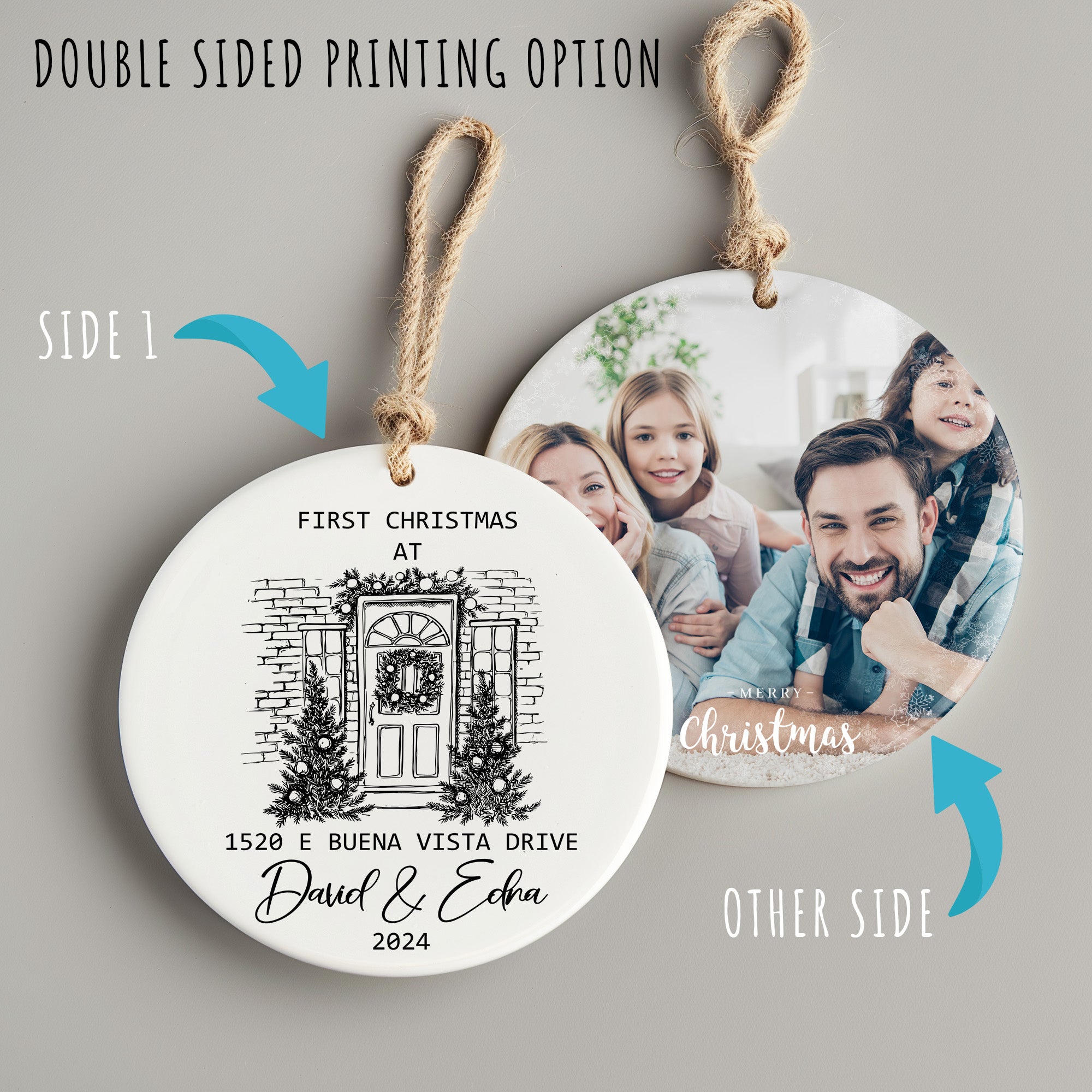 Personalized First Christmas Ceramic Ornament with Hand Drawn Home Design – Custom Address and Names for a Memorable Holiday - Image 8