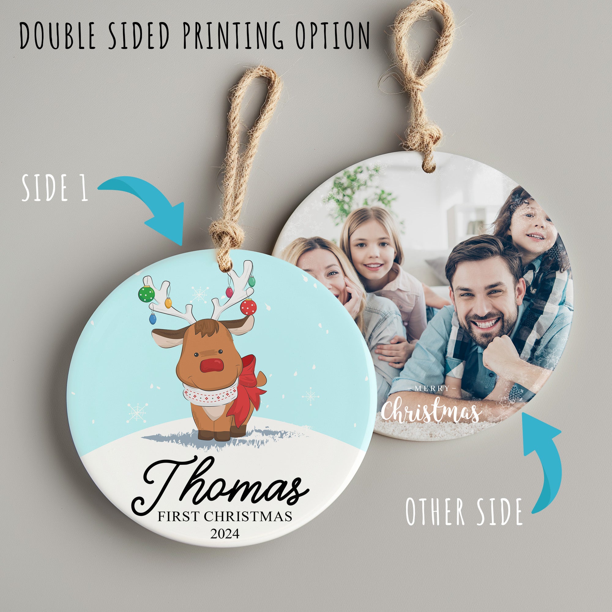 Personalized Baby's First Christmas 2024 Ceramic Ornament - Cute Reindeer Design with Custom Name - Image 8