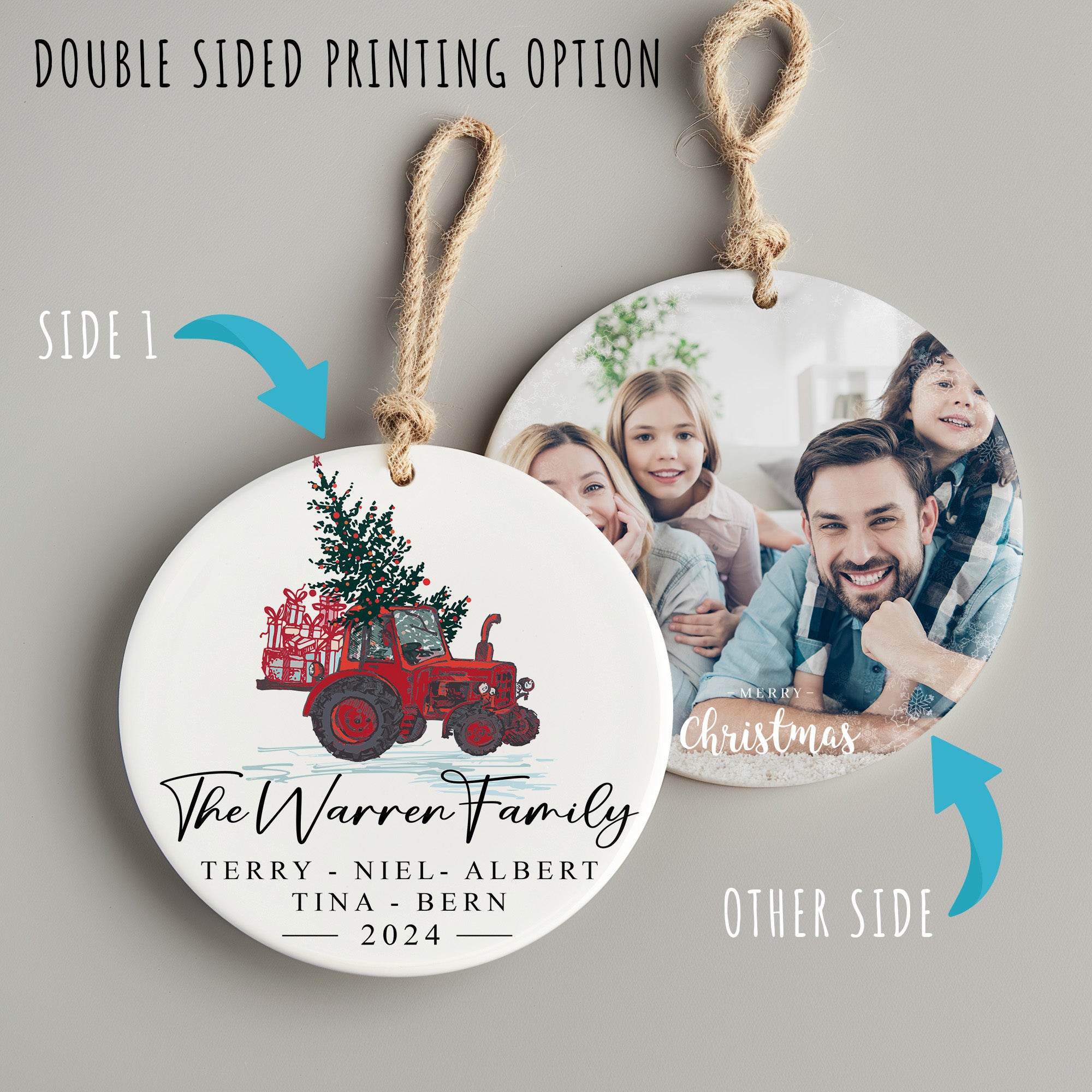 Personalized Family Christmas Ornament - Custom Ceramic Keepsake with Red Tractor & Festive Design - Perfect for Holiday Gift & Decoration 2024 - Image 8