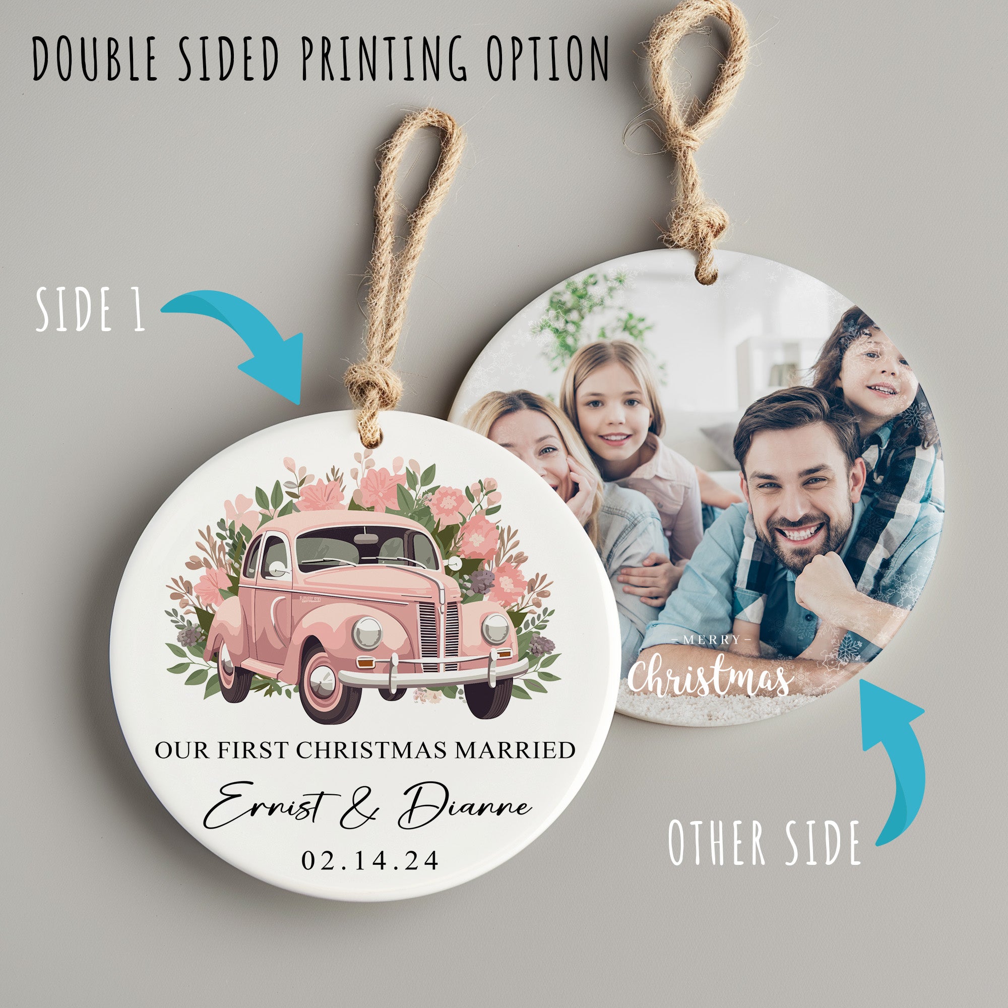 Personalized "Our First Christmas Married" Ceramic Ornament - Vintage Car Design for Newlyweds, Custom Date & Names - Image 8