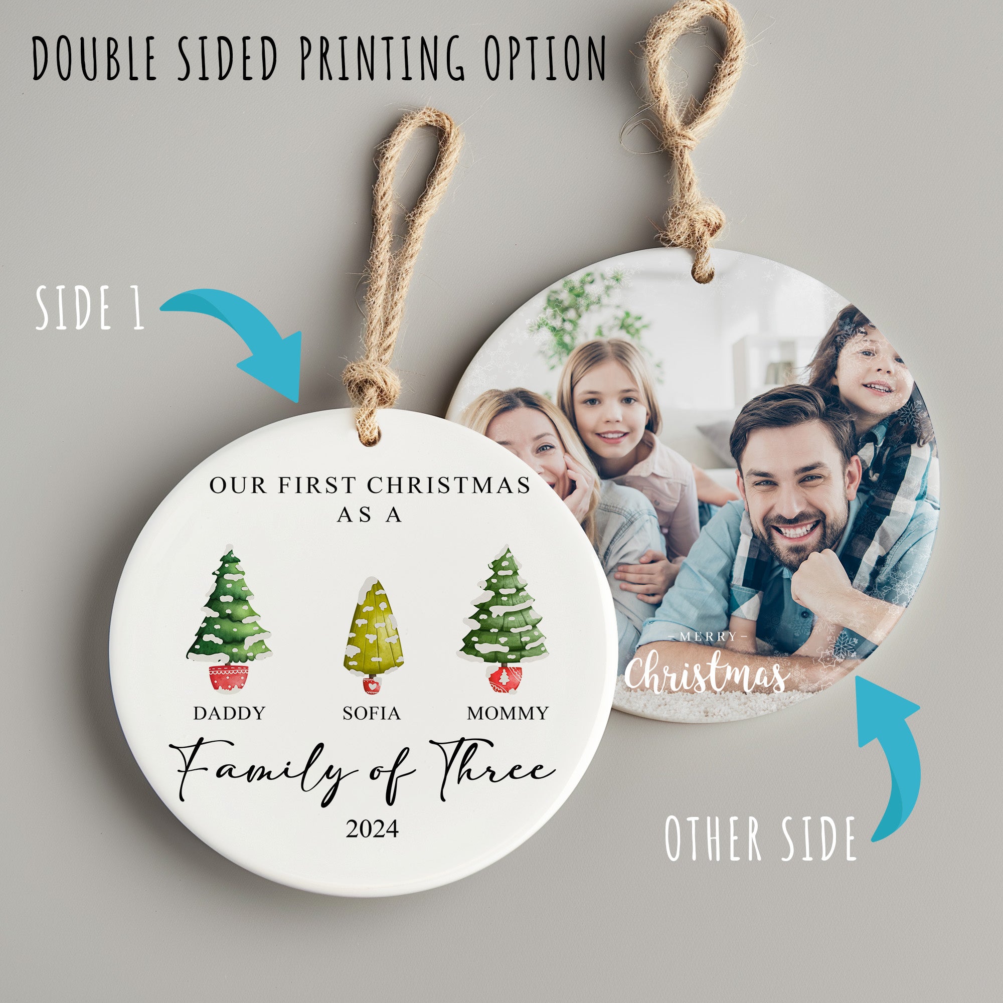 Personalized Family of Three Christmas Ornament 2024 – Customized Ceramic Holiday Keepsake with Hand-Painted Trees and Text - Image 8