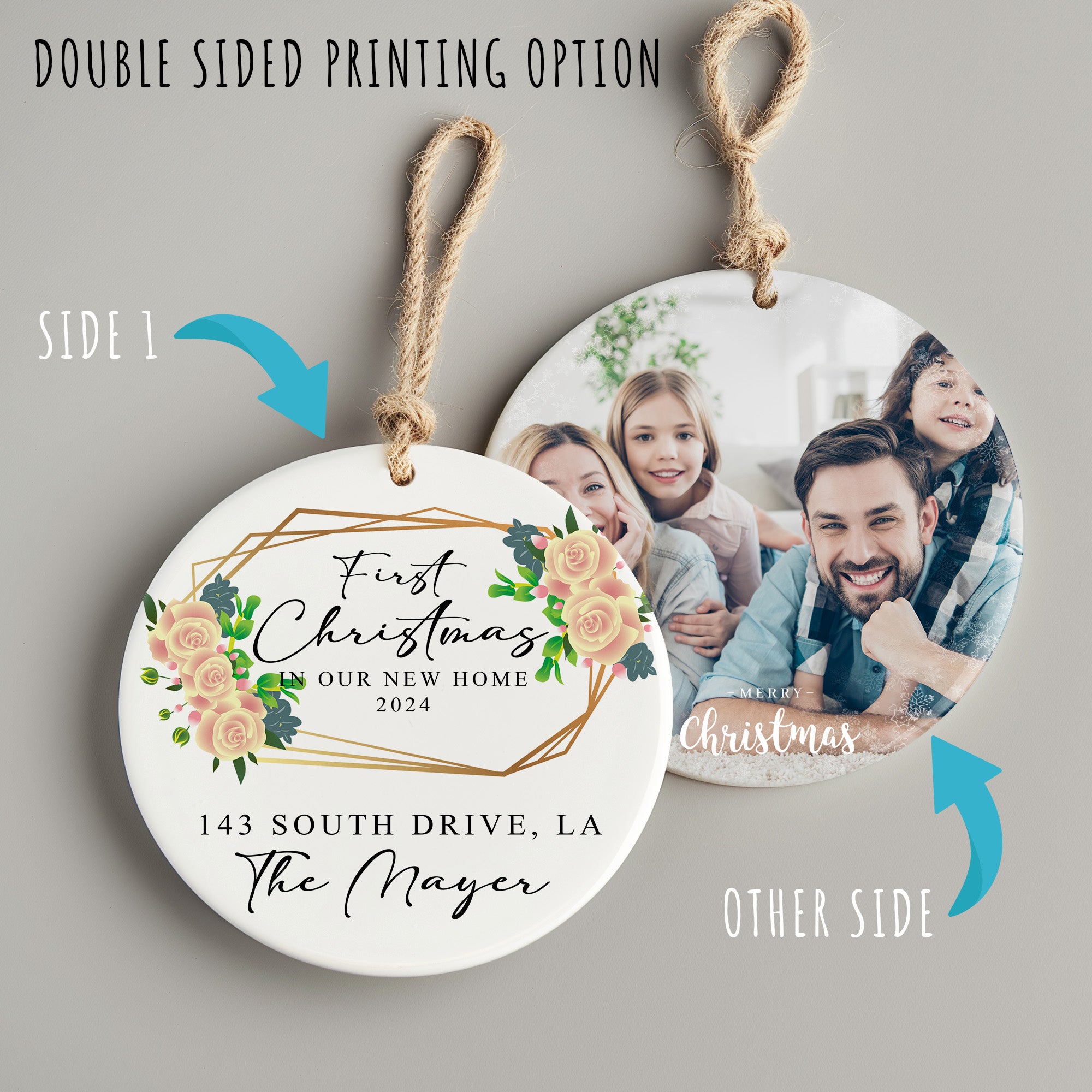 Personalized First Christmas in New Home 2024 Ceramic Ornament – Handcrafted Keepsake with Elegant Floral Design - Image 8