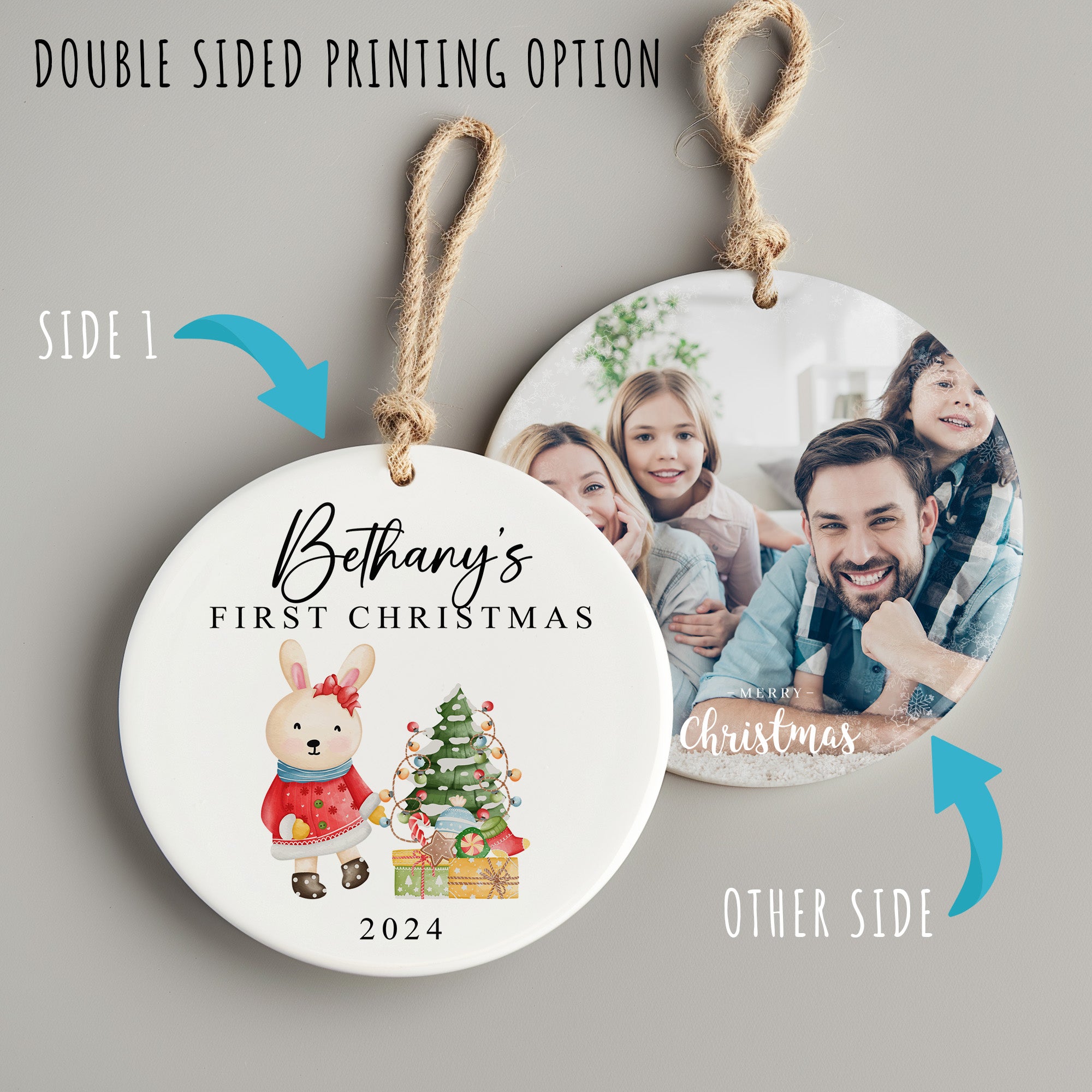 Personalized Baby’s First Christmas Ceramic Ornament – Custom Name Keepsake with Watercolor Bunny & Tree Design – 2024 Holiday Gift - Image 8