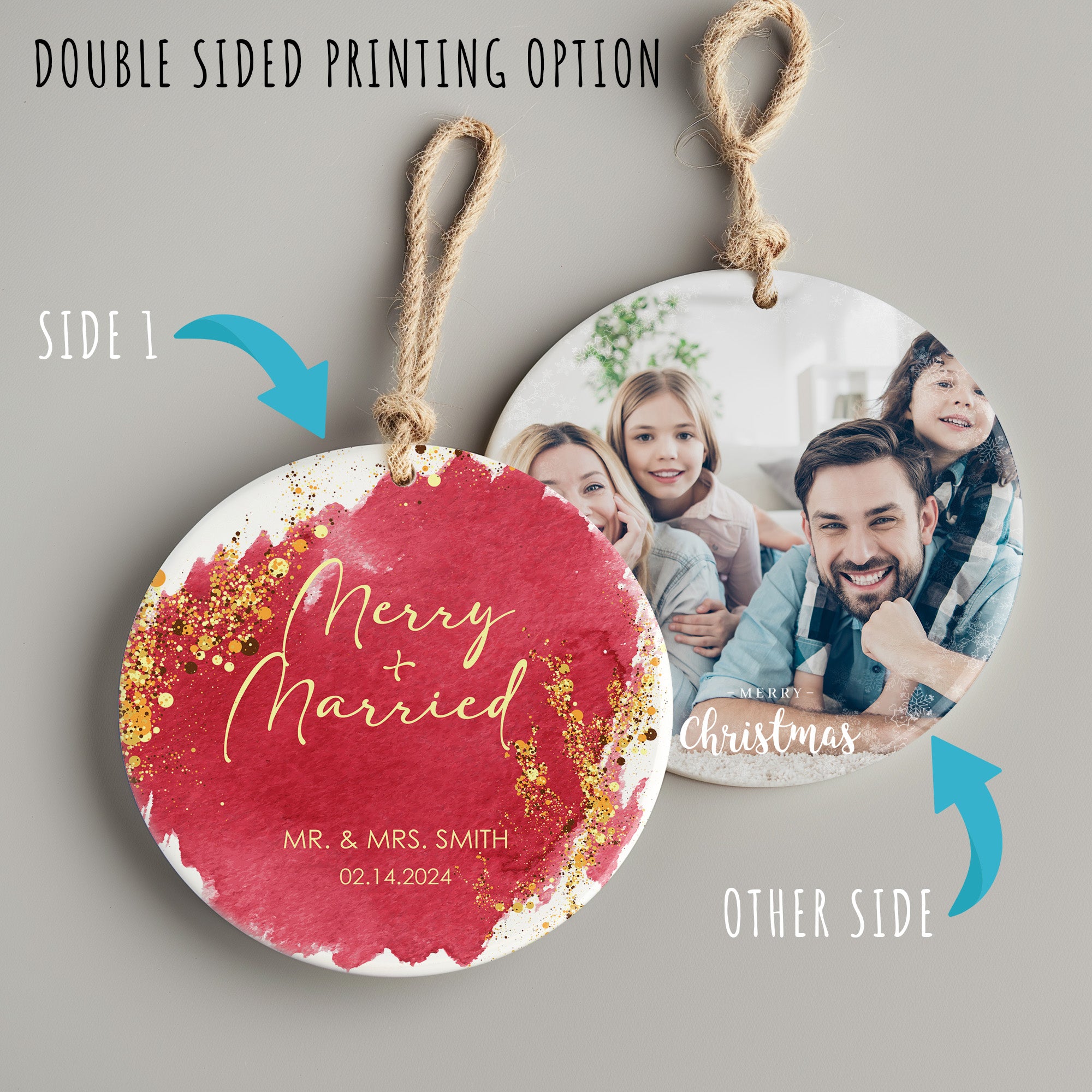 Personalized "Merry + Married" Ceramic Ornament - Unique Wedding Keepsake, Custom Date & Names - Image 8