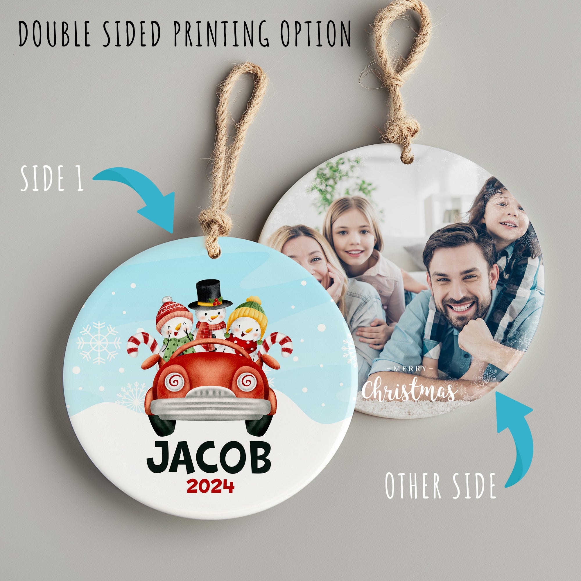 Personalized 2024 Ceramic Ornament with Snowman Family in Red Car - Custom Name Gift for Holidays - Image 8