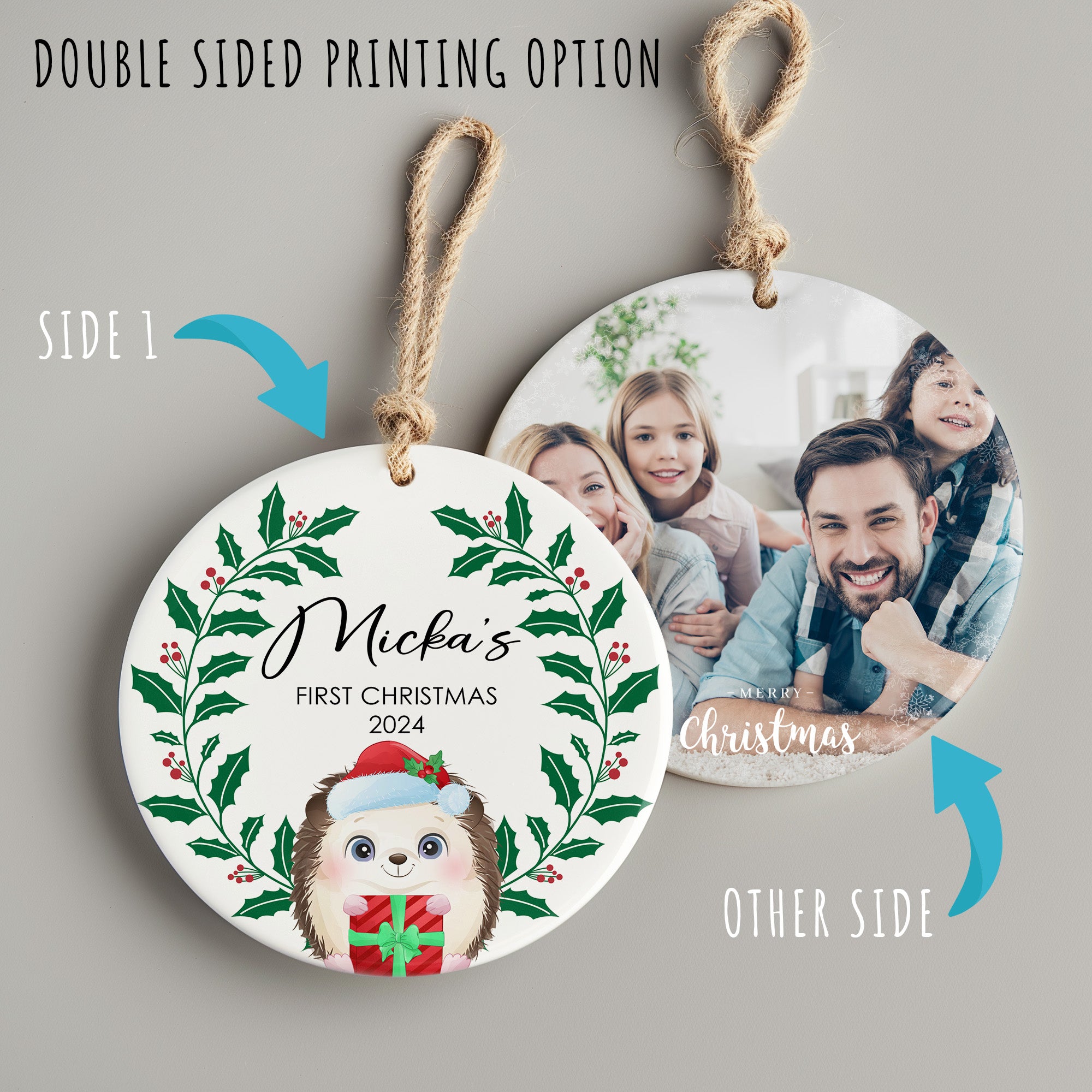 Personalized "First Christmas" Ceramic Ornament 2024 - Handcrafted Holly & Hedgehog Design - Image 8
