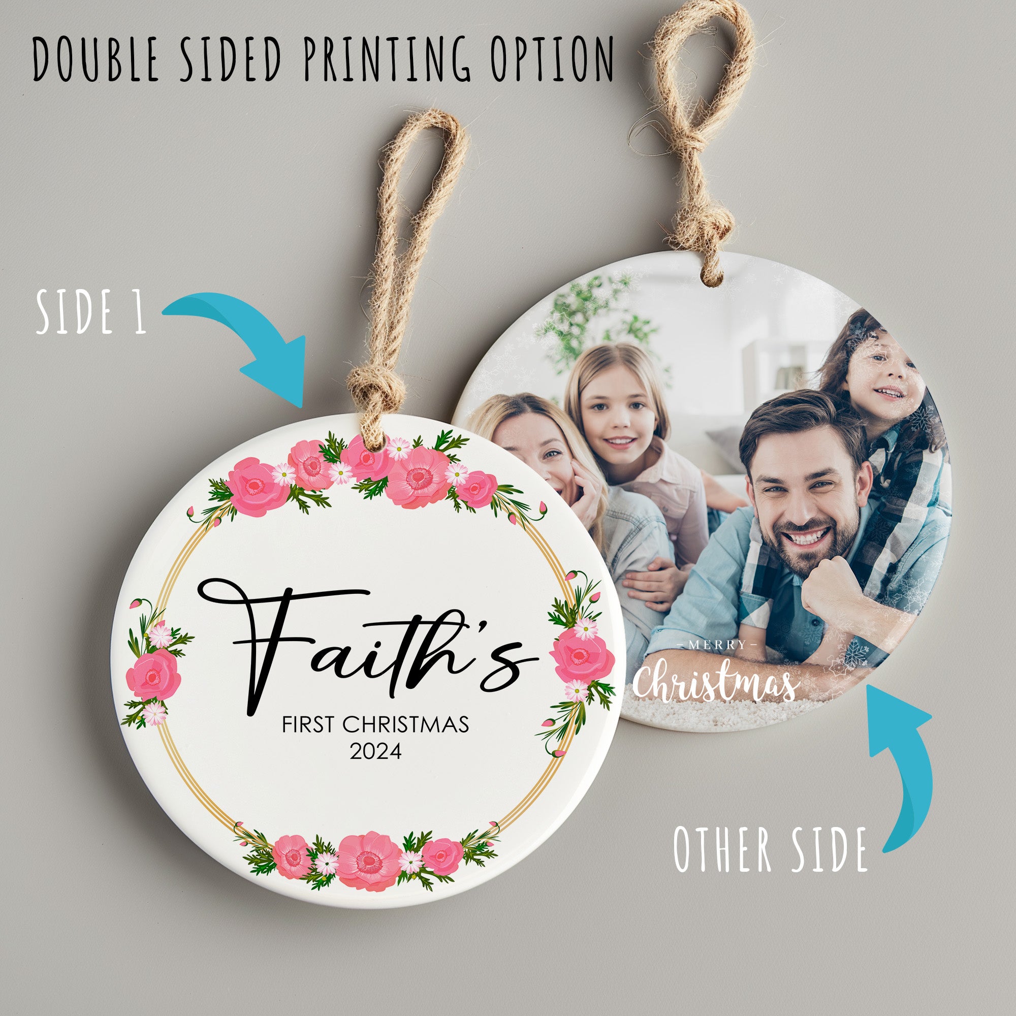 Personalized "Faith's First Christmas 2024" Ceramic Ornament with Pink Floral Design – Perfect Keepsake Gift for Newborns - Image 8