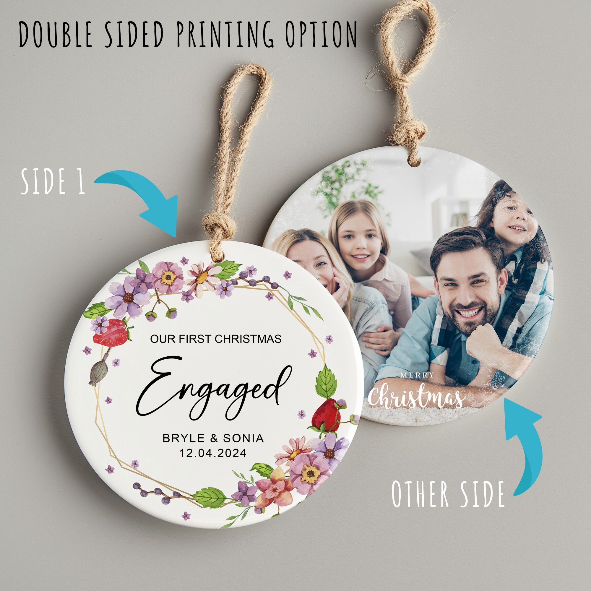 Personalized Engagement Christmas Ornament - Custom Floral Ceramic Keepsake for Couples - Image 8