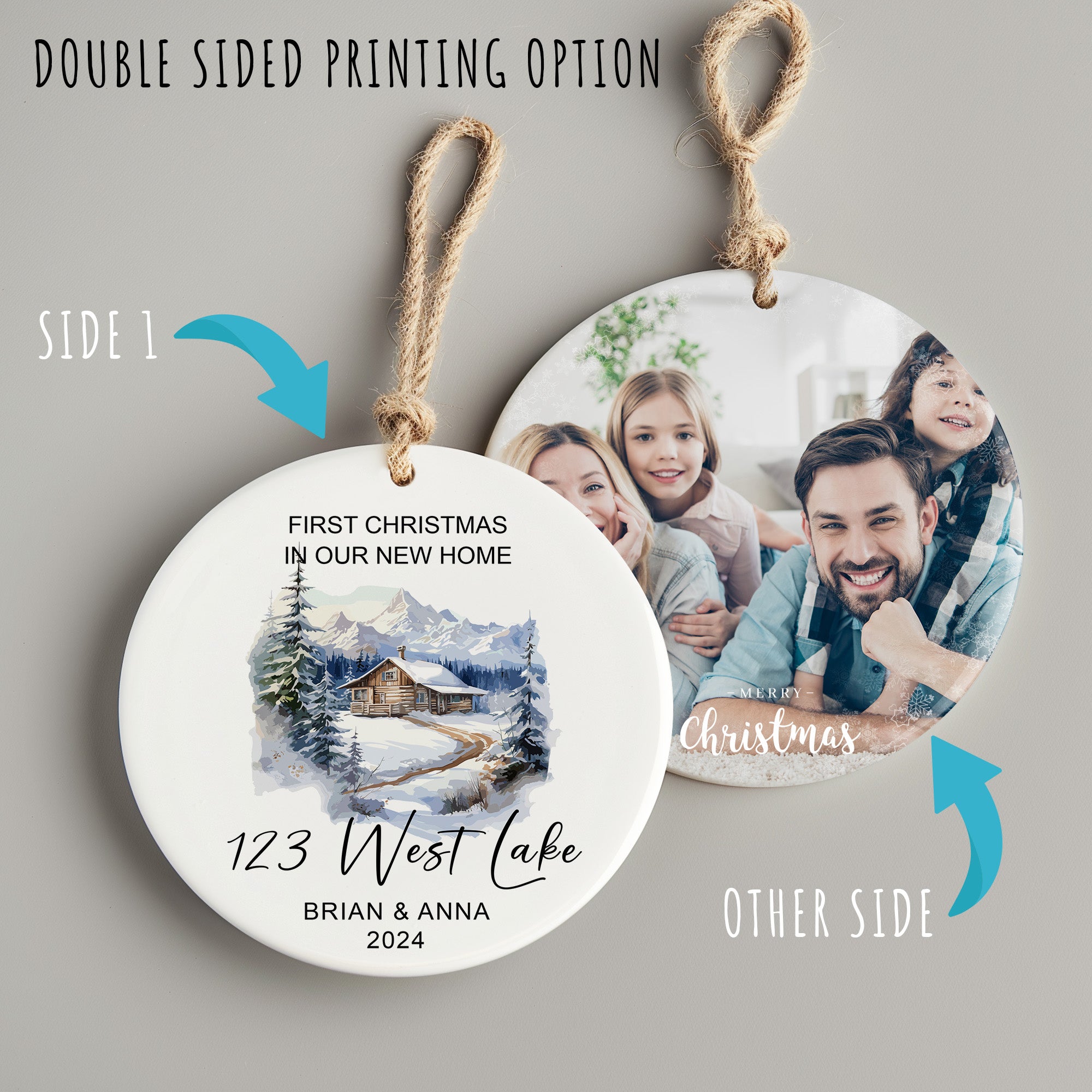 Personalized First Christmas in New Home Ceramic Ornament – Elegant Winter Cabin Design, Custom Names & Address, Heartfelt Keepsake for New Homeowners - Image 8
