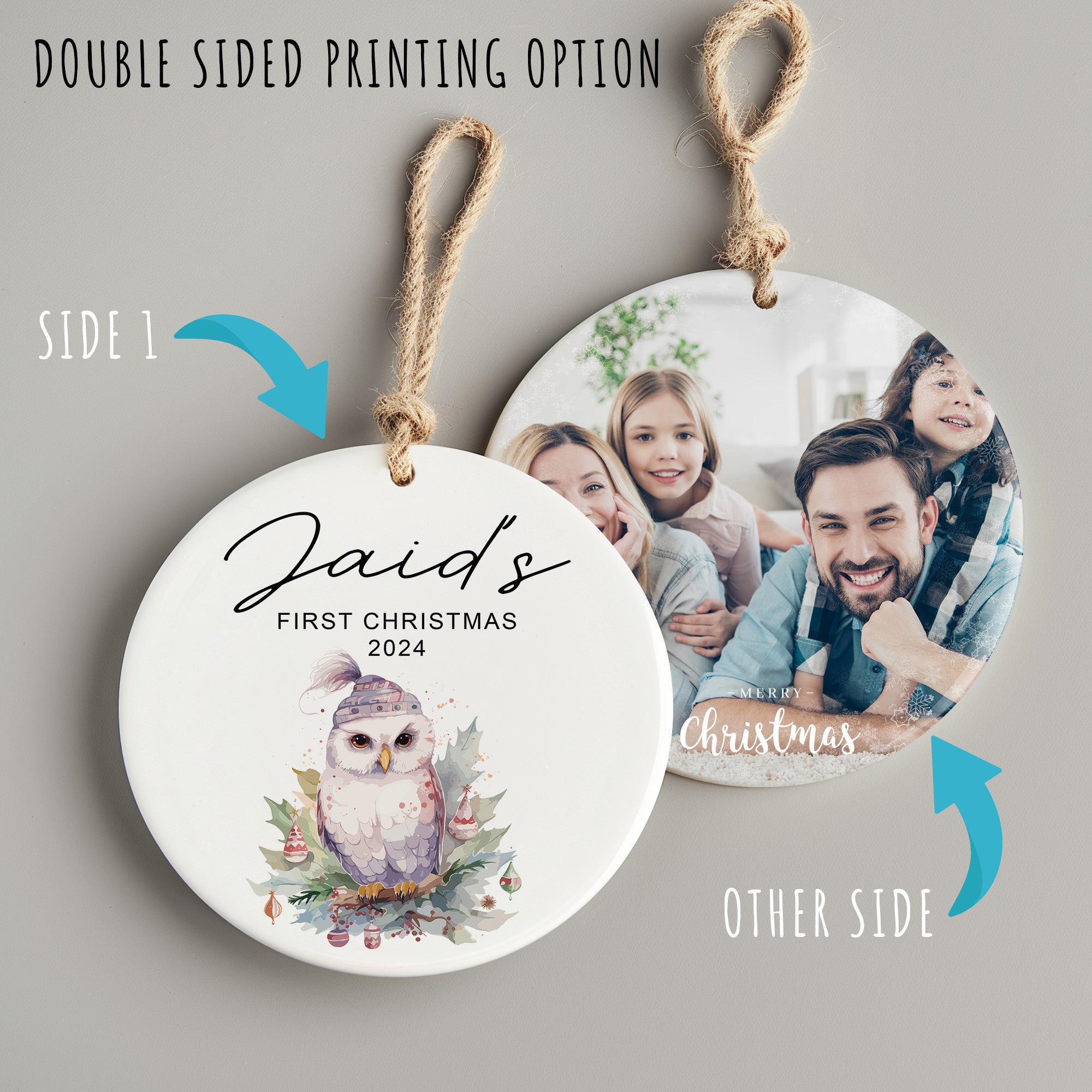 Personalized Baby's First Christmas Ceramic Ornament 2024 - Custom Name Owl Design Keepsake - Image 8