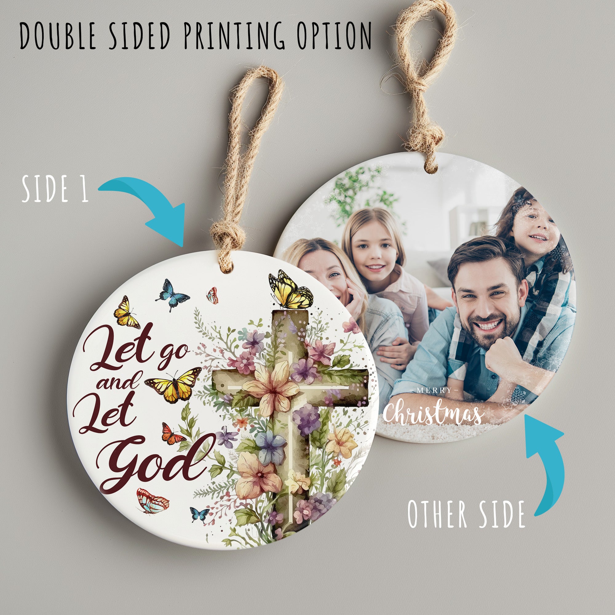 Personalized Floral Cross Ceramic Ornament – Inspirational "Let Go and Let God" with Butterflies – Perfect Gift for Spiritual Support and Home Decor - Image 8