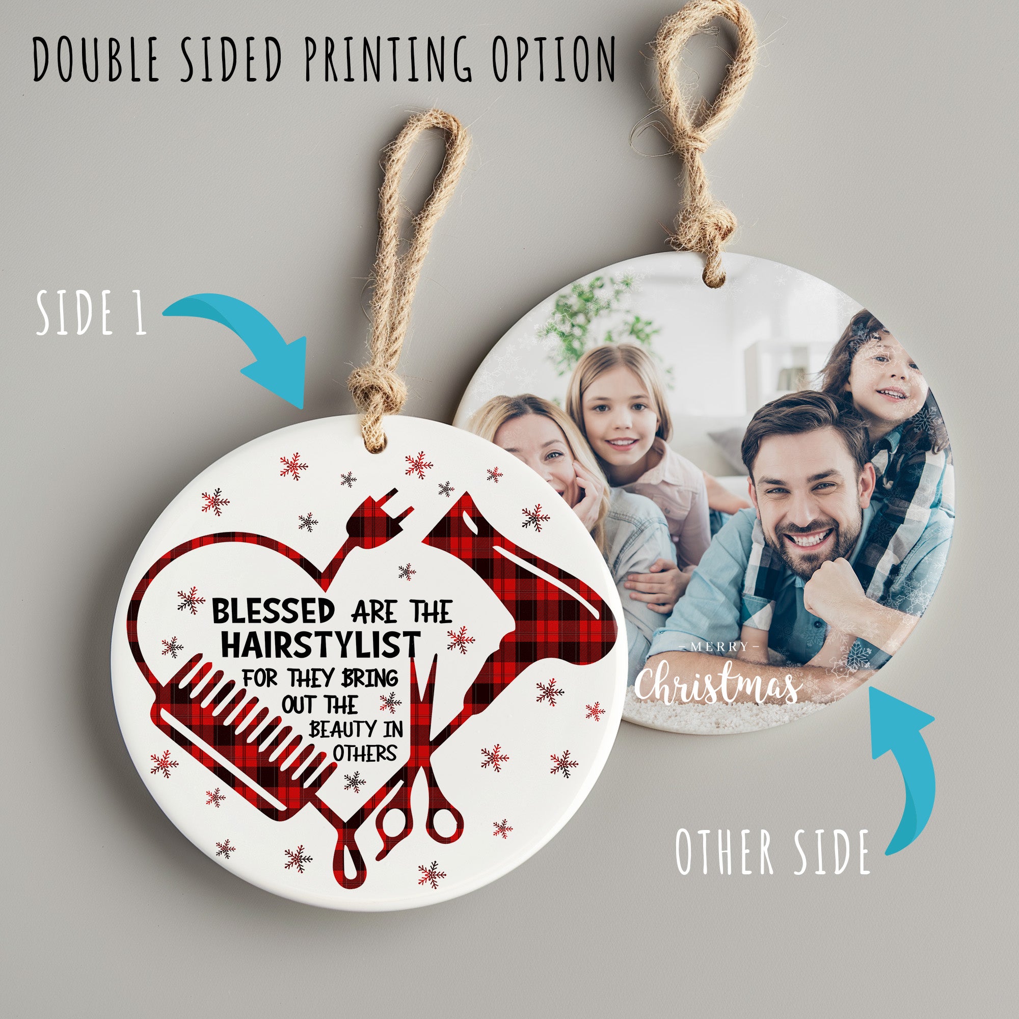 Custom Hairstylist Ceramic Ornament – Handcrafted Heart Design with Red Plaid Accents, Perfect Holiday Gift for Hair Professionals - Image 8