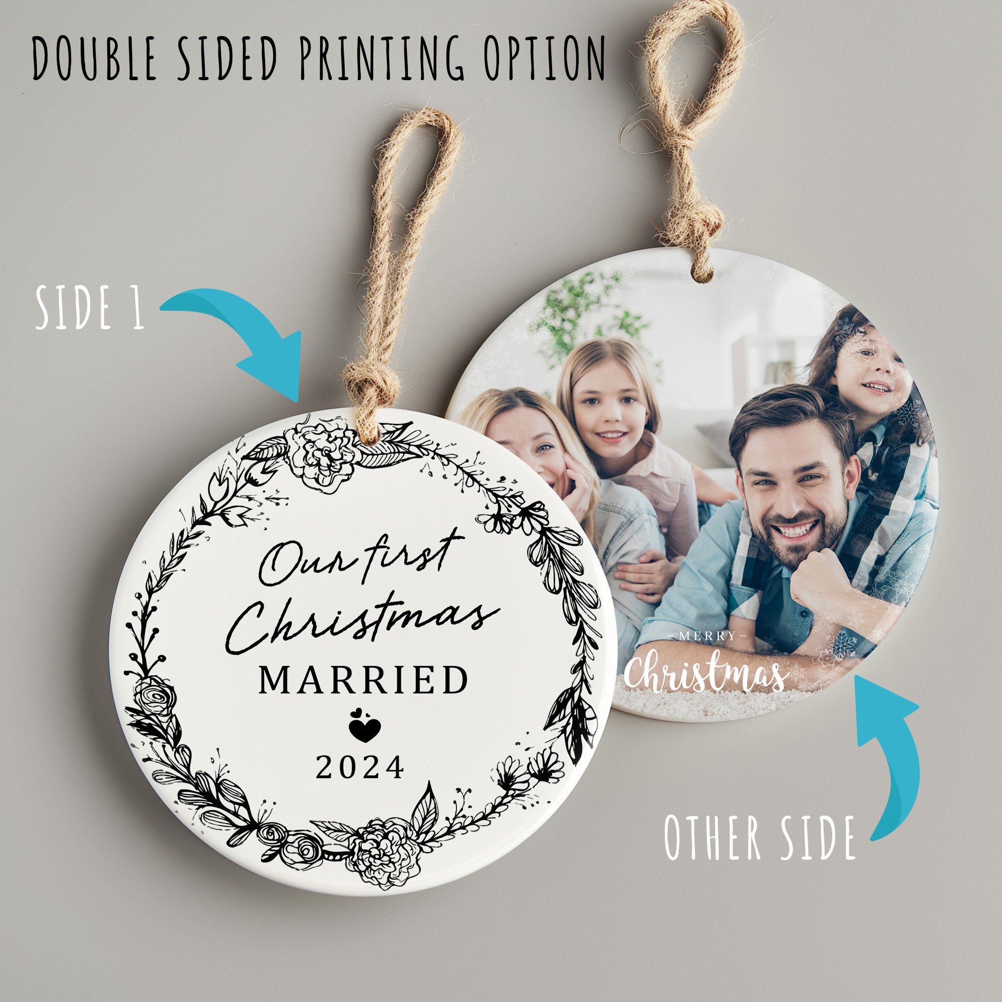 Personalized "Our First Christmas Married" 2024 Ceramic Ornament – Elegant Floral Design for Newlyweds - Image 8