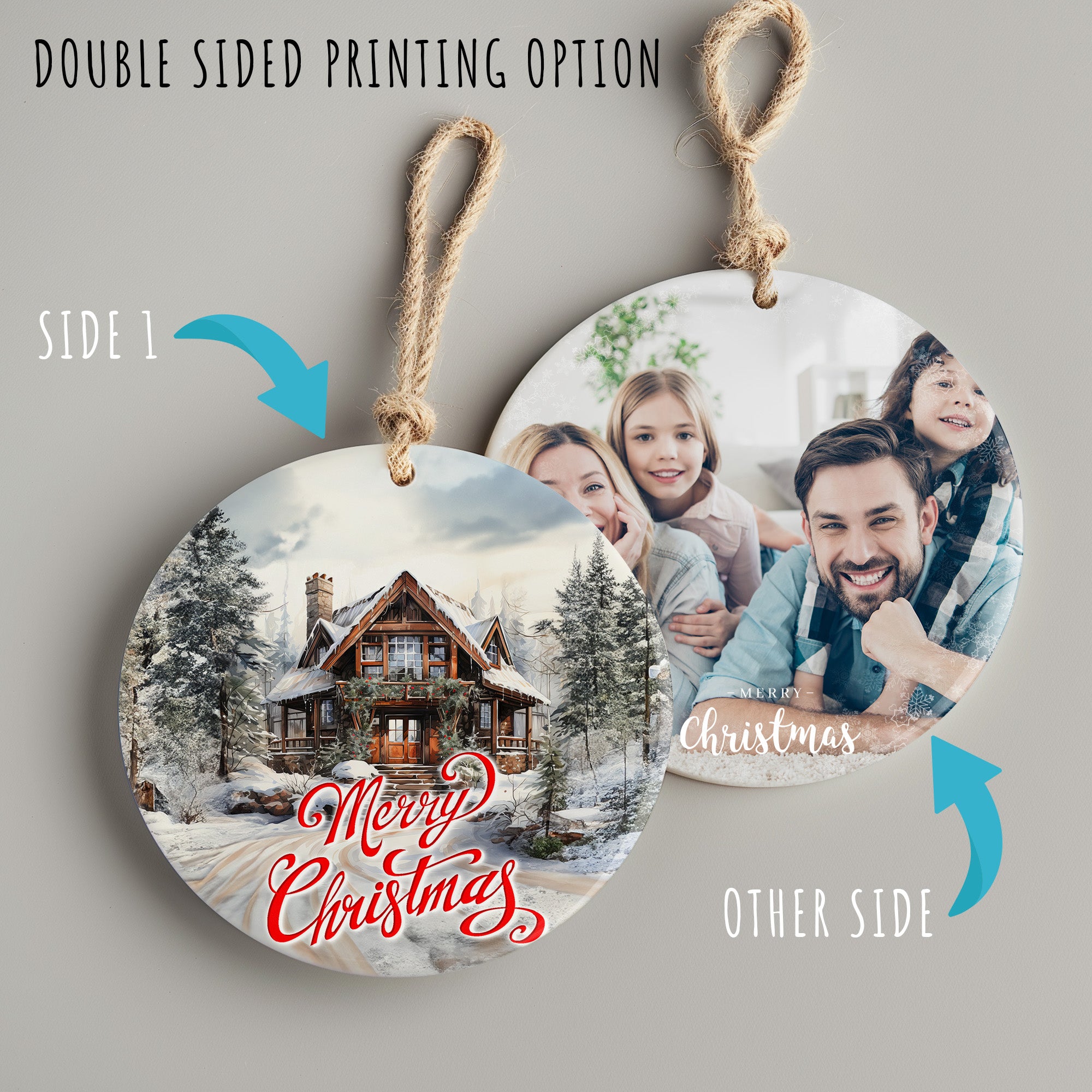 Personalized Merry Christmas Ceramic Ornament – Rustic Cabin Design with Snowy Forest for Perfect Holiday Decor and Heartfelt Gifts - Image 8