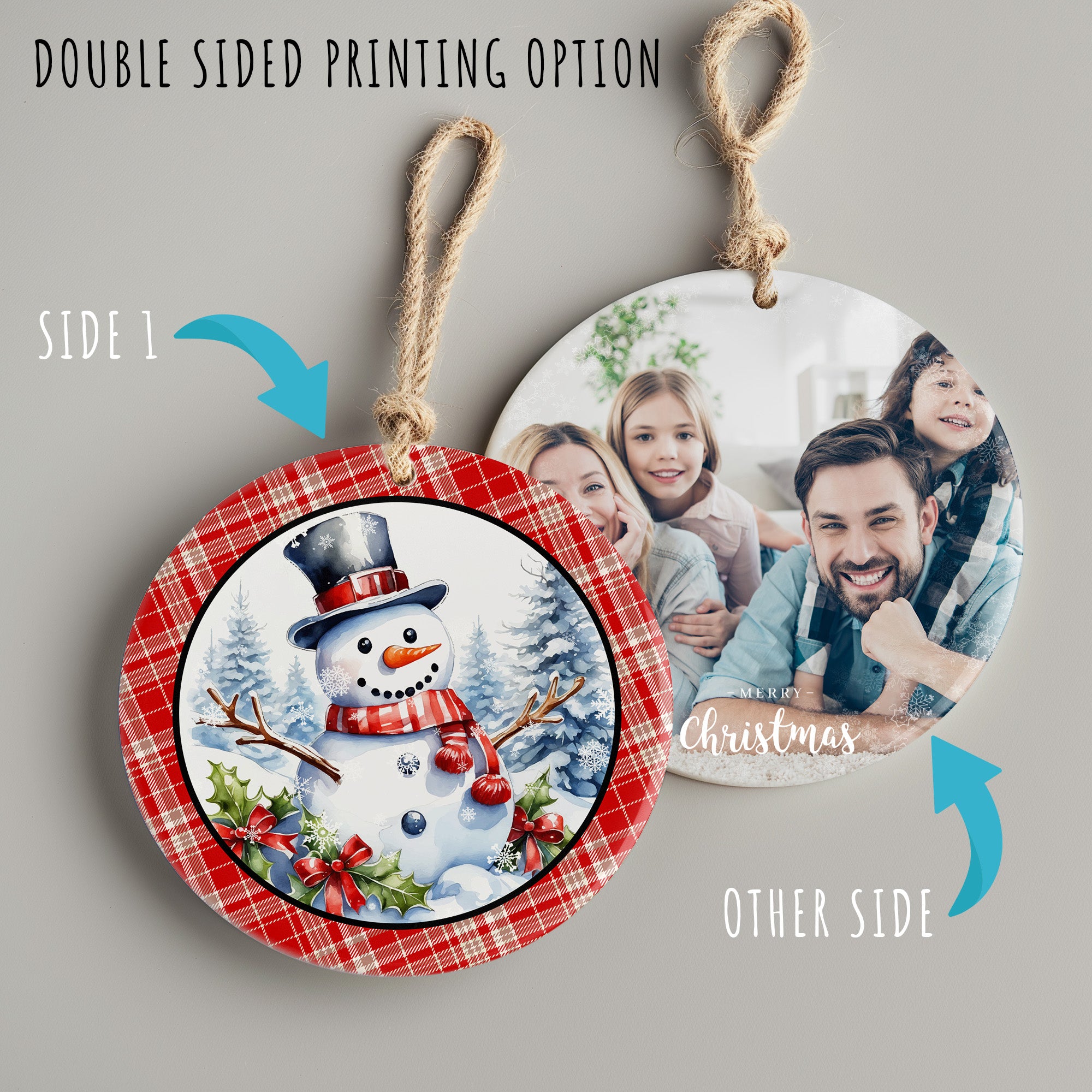 Personalized Snowman Ceramic Ornament - Customizable Holiday Keepsake with Festive Plaid Design - Image 8
