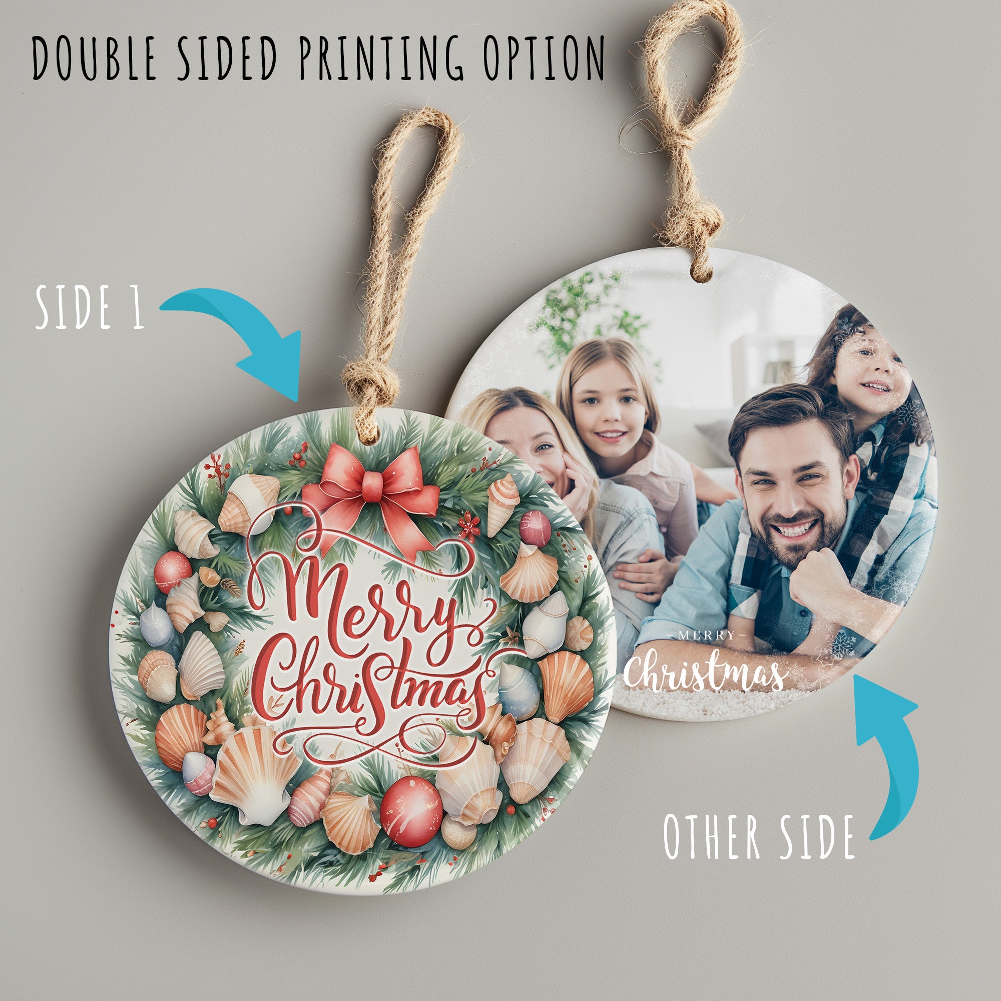Personalized Merry Christmas Ceramic Ornament – Ocean Inspired Seashell Wreath with Festive Holiday Greeting - Image 8