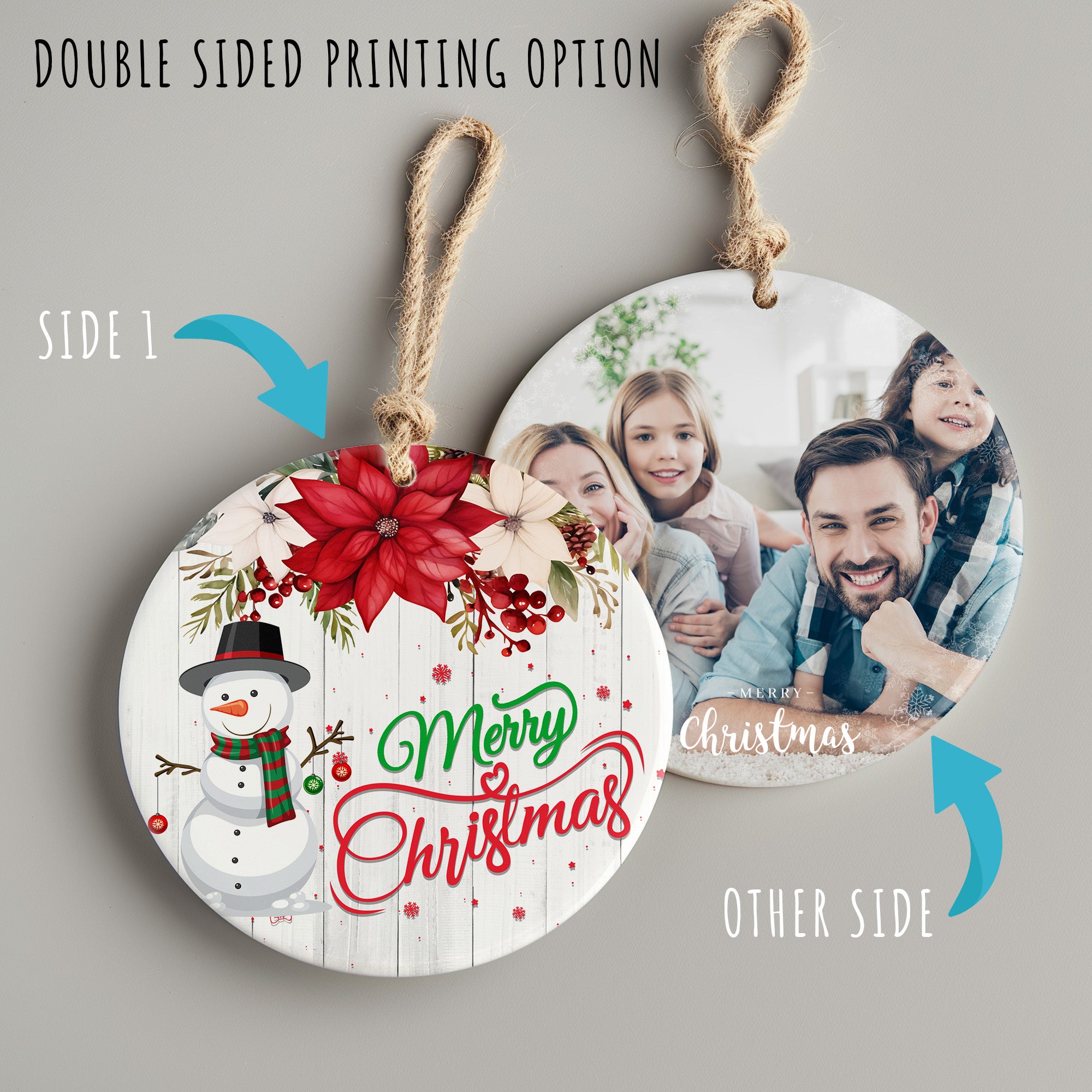 Personalized Merry Christmas Ceramic Ornament with Snowman and Poinsettia - Custom Holiday Decoration - Image 8