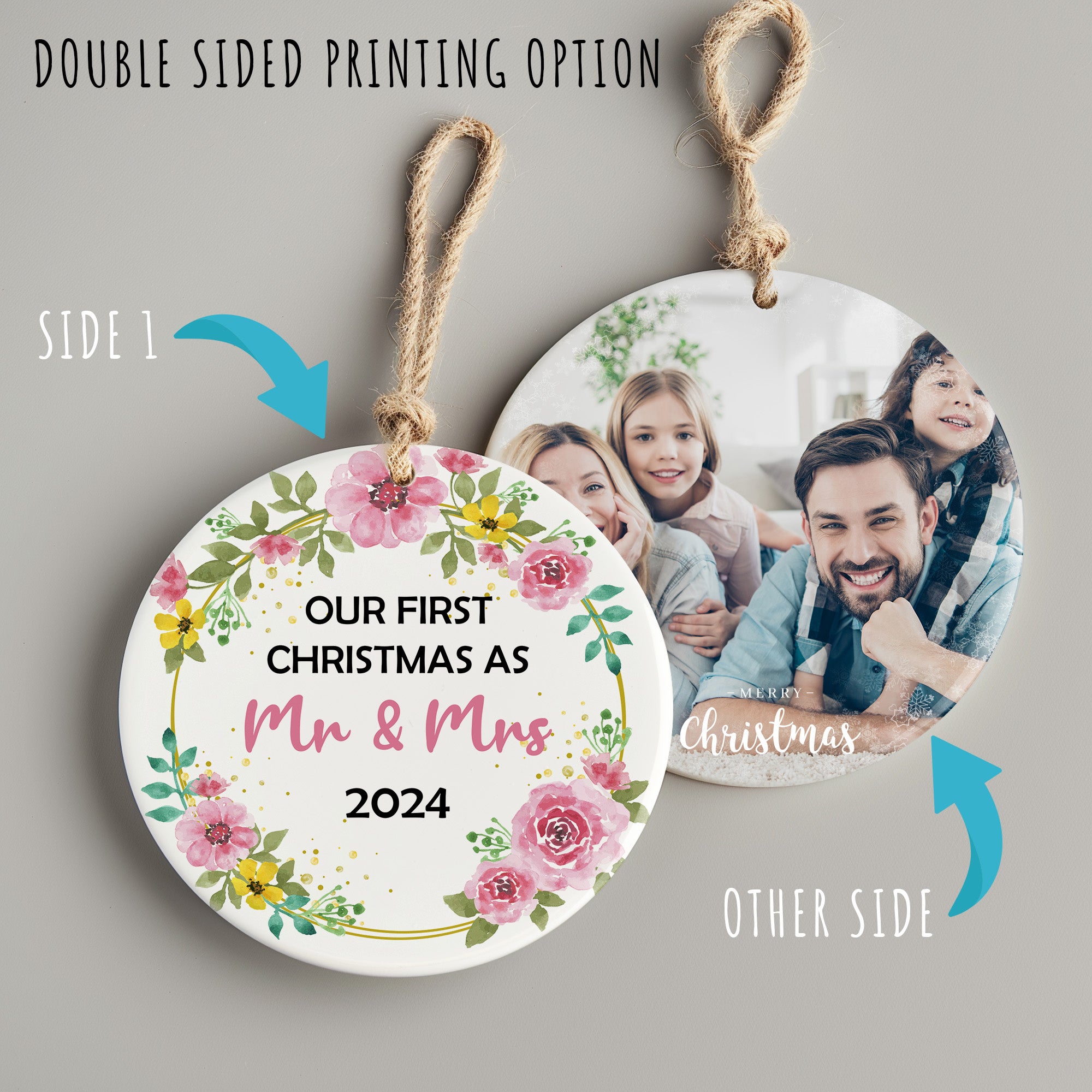 Personalized "Our First Christmas as Mr & Mrs" 2024 Ceramic Ornament - Handcrafted Floral Keepsake - Image 8