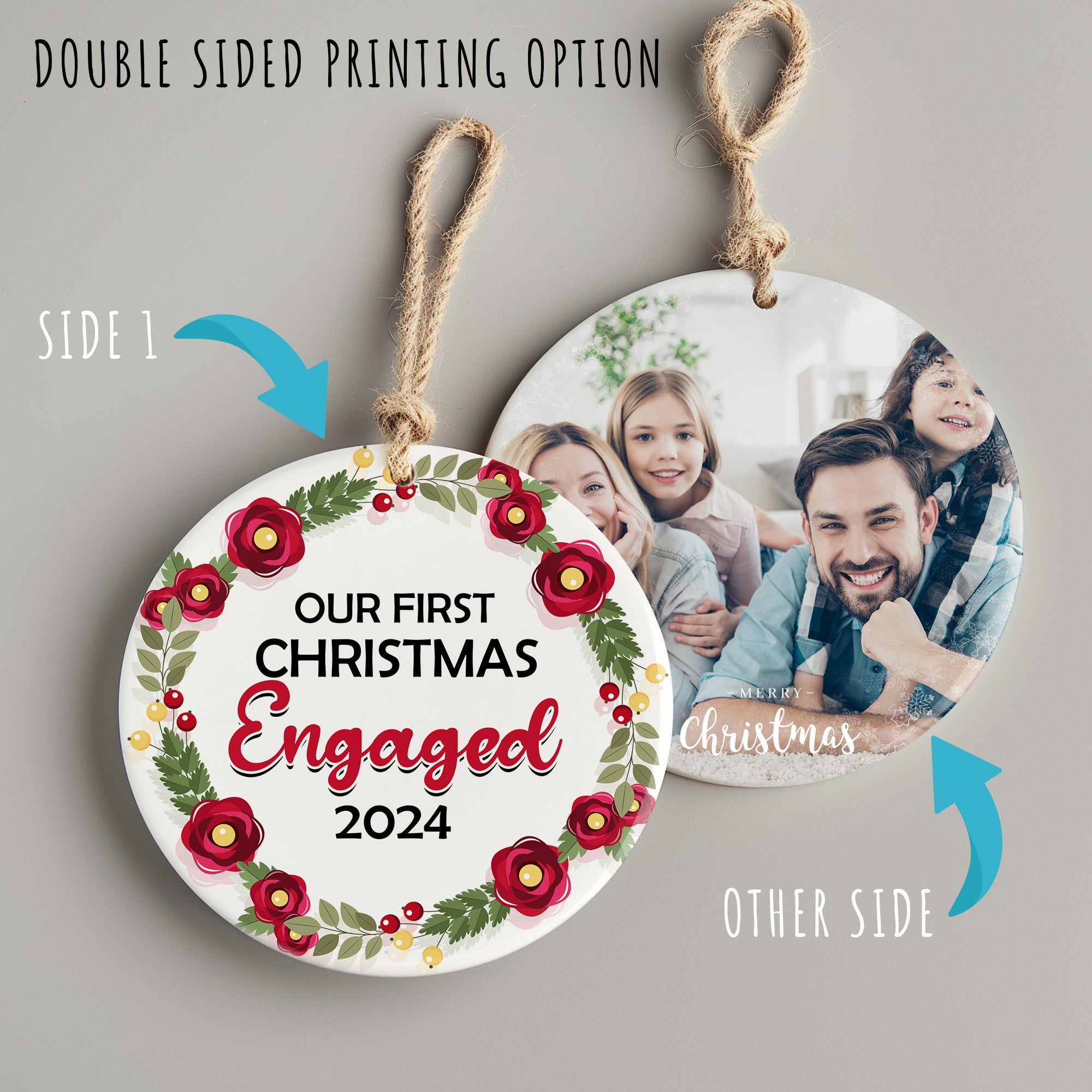 Personalized "Our First Christmas Engaged" Floral Ornament 2024 - Handcrafted Ceramic Keepsake for Couples - Image 8
