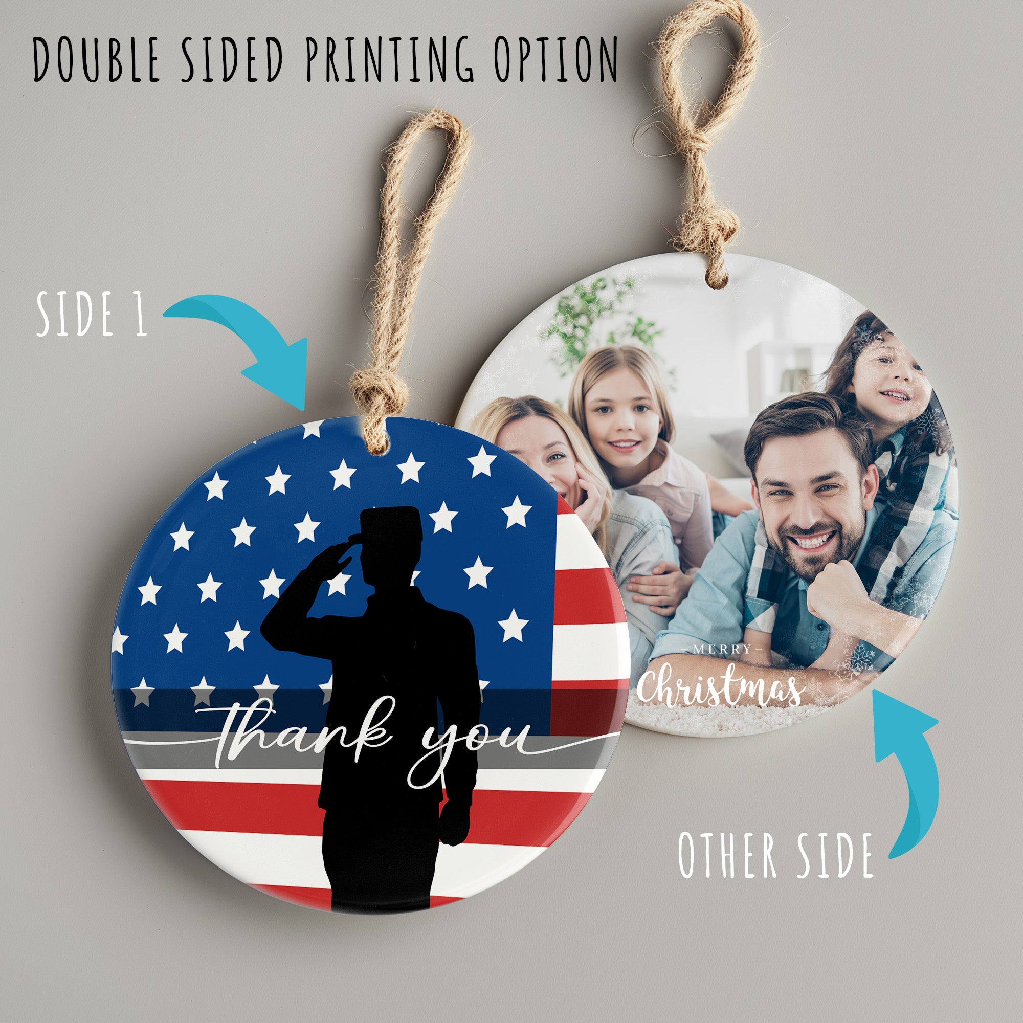 Personalized Patriotic Ceramic Ornament - Handmade USA Flag Design with Soldier Silhouette and Thank You Message - Perfect Veterans Day Gift - Image 8