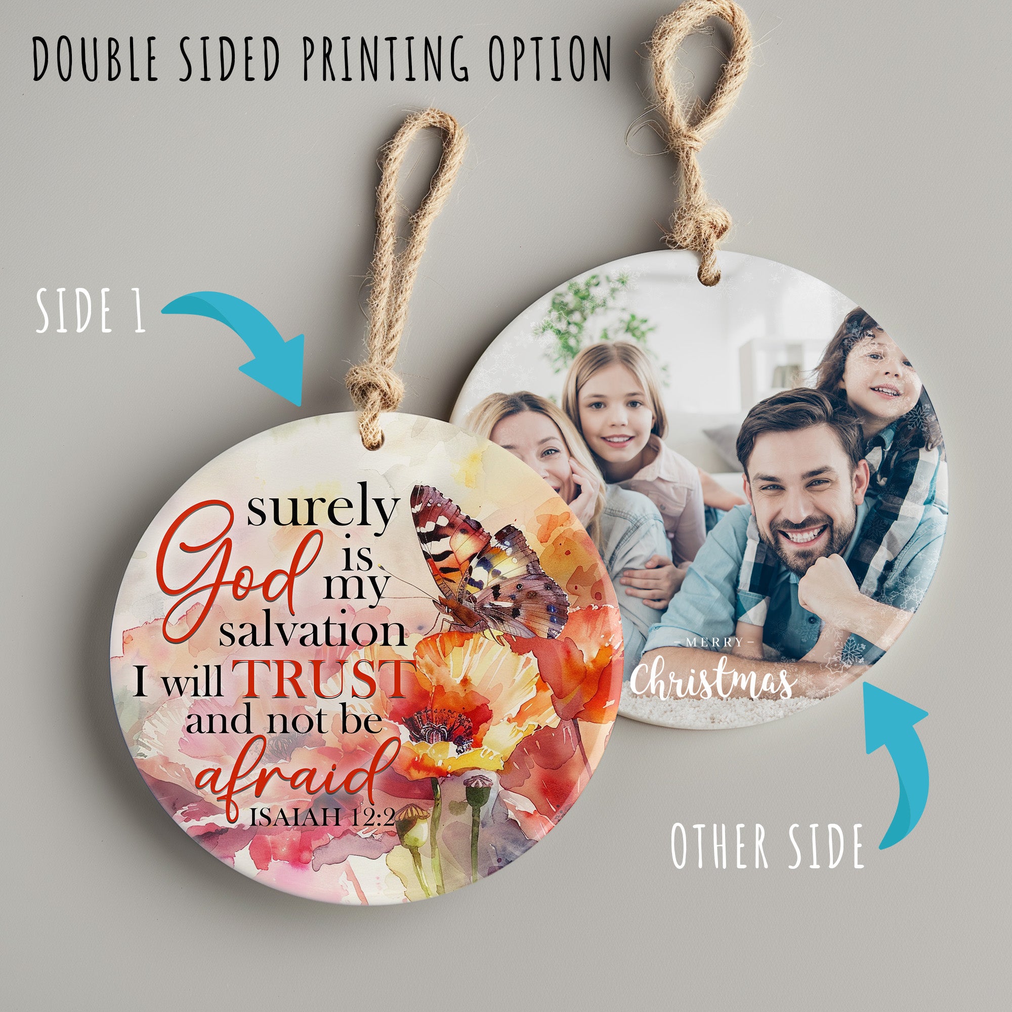 Personalized Inspirational Watercolor Ceramic Ornament – Isaiah 12:2 Butterfly & Floral Design for Spiritual Gift-Giving - Image 8