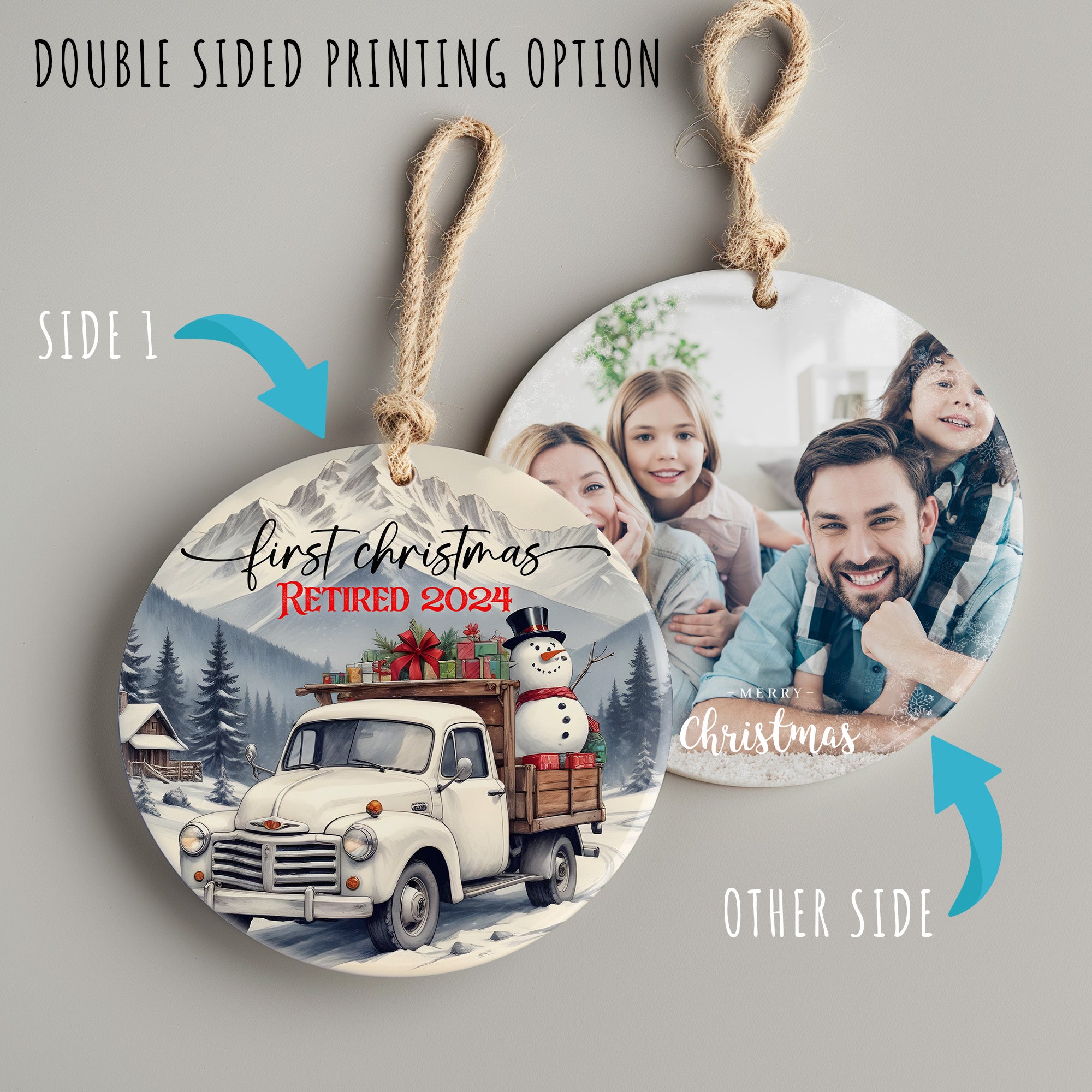Personalized First Christmas 2024 Retirement Ceramic Ornament – Handcrafted Keepsake with Vintage Truck and Snowman Design - Image 8