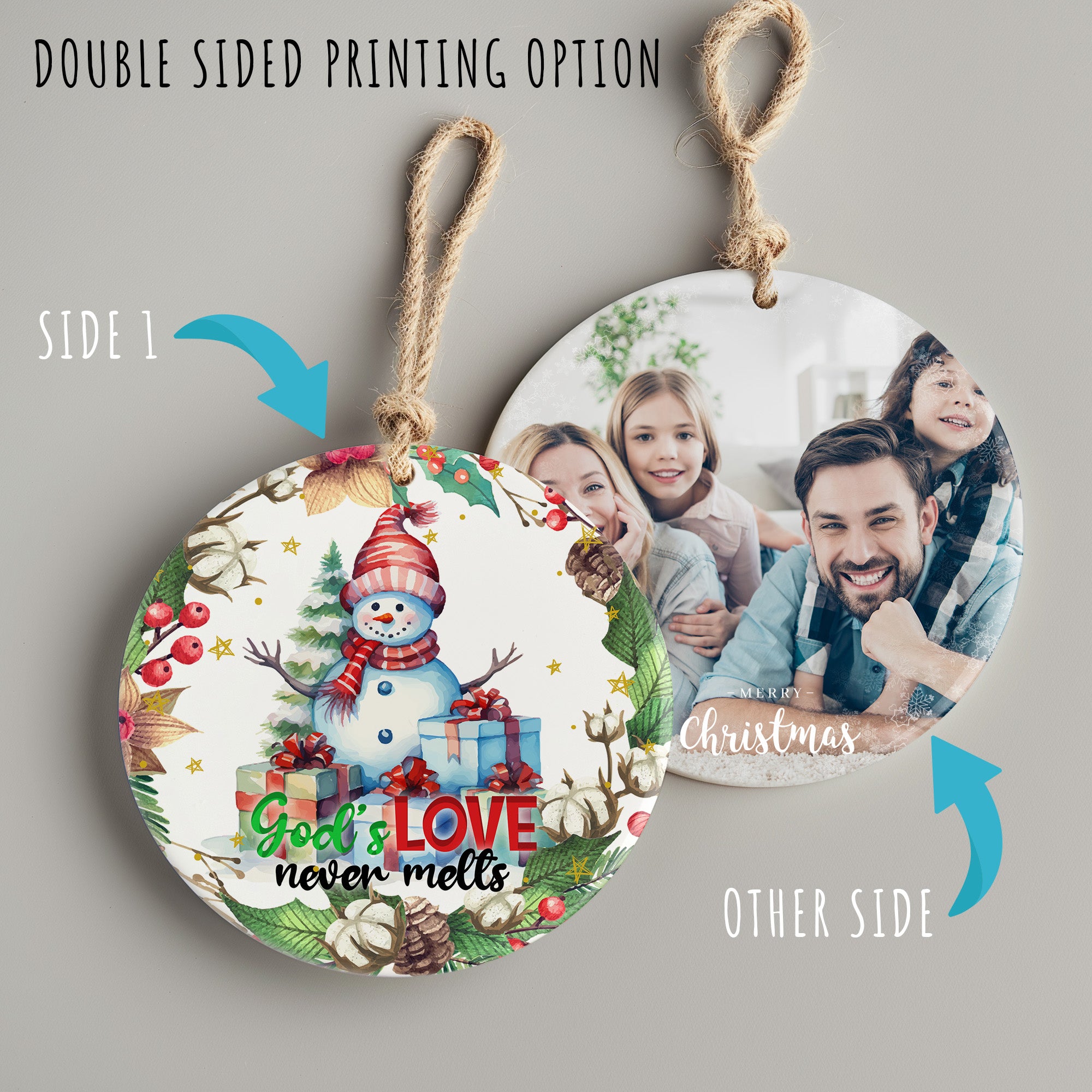 Personalized Holiday Ceramic Ornament - Heartfelt Snowman Design - God's Love Never Melts - Perfect Christmas Gift for Family & Friends - Image 8