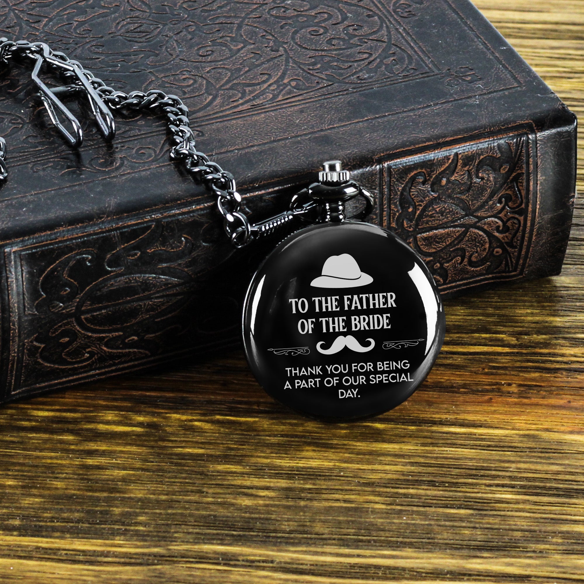 Personalized Father of the Bride Pocket Watch – Engraved Keepsake for Weddings, Handcrafted in Elegant Black - Image 8